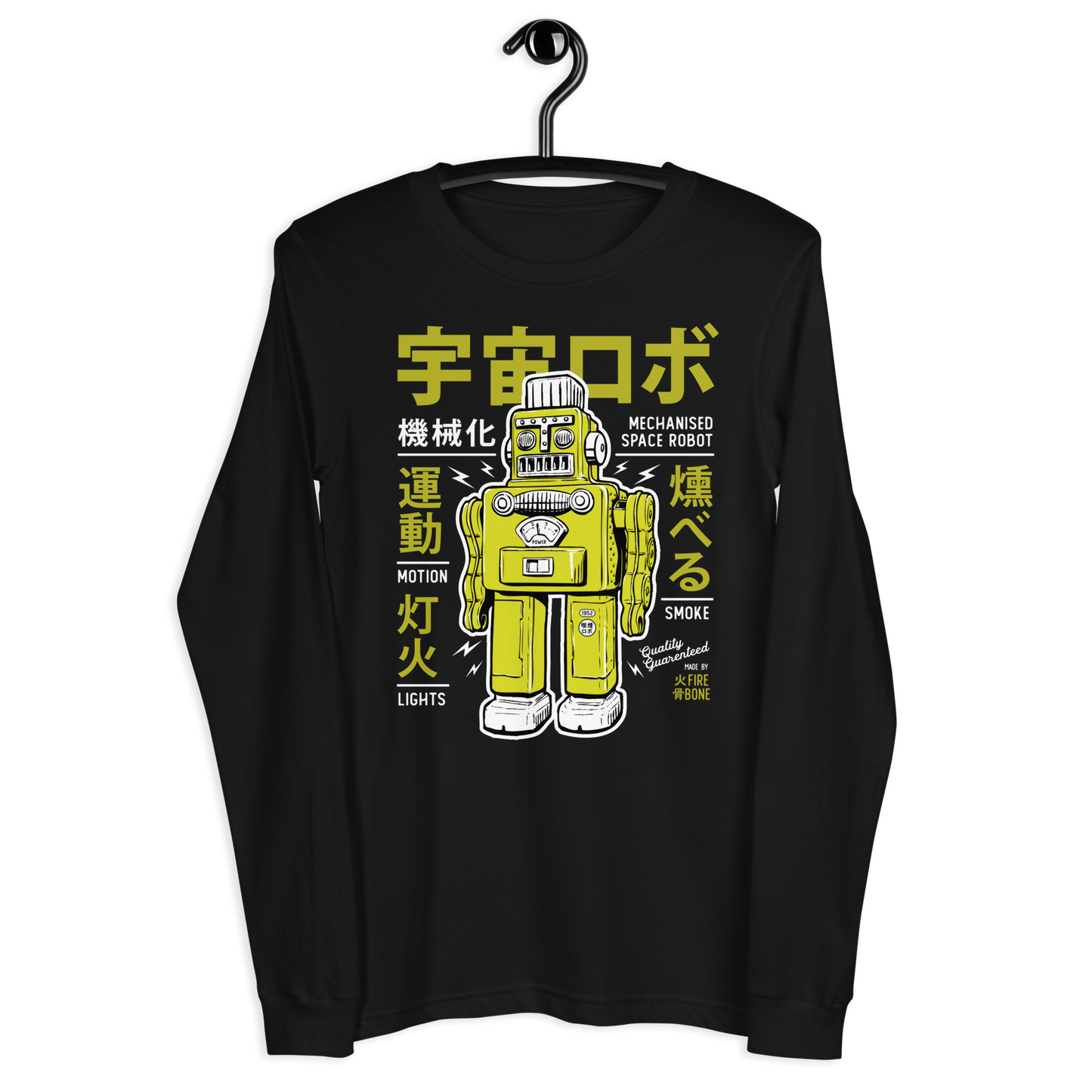 Smoking robot - Lime on black long sleeve tee - Firebone