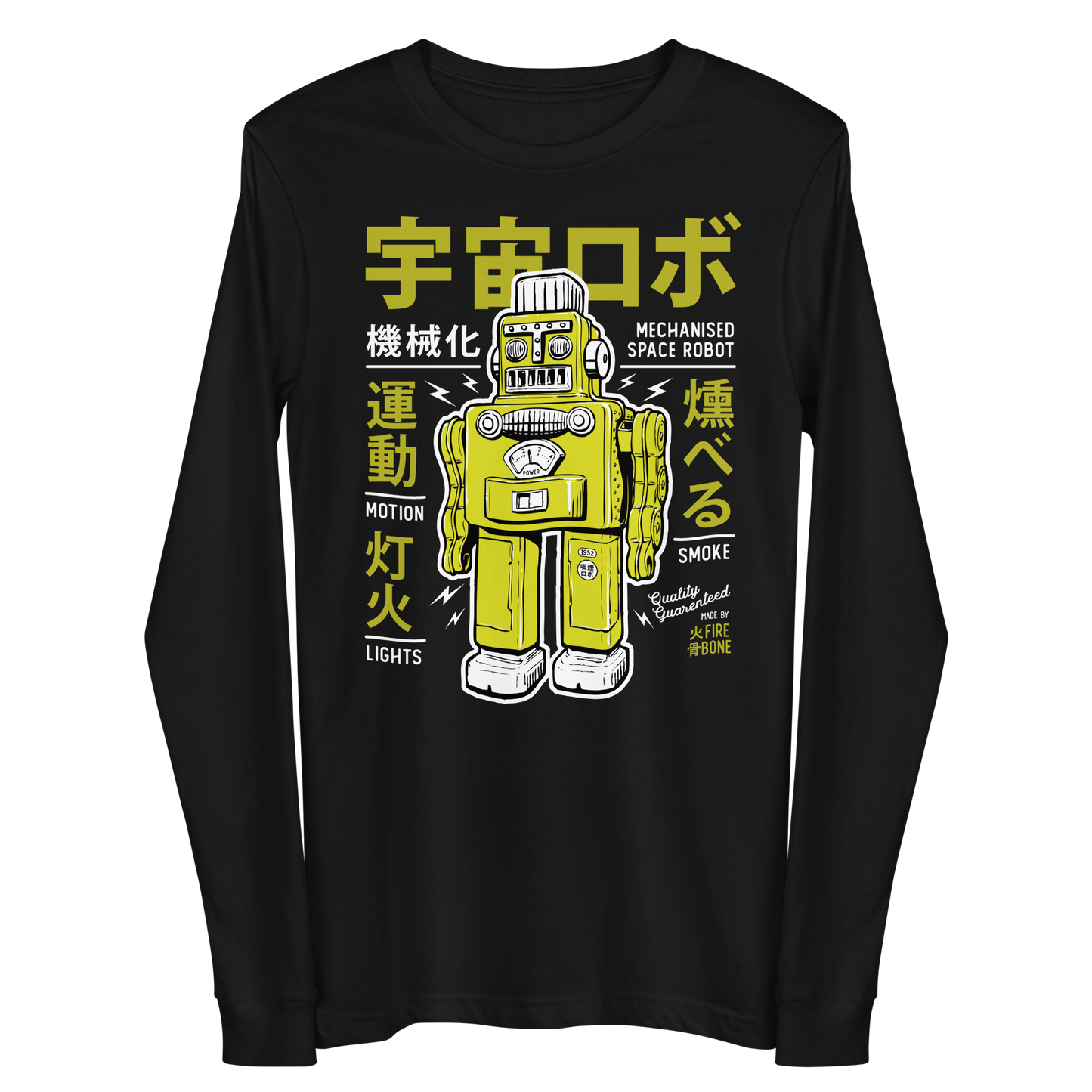 Smoking robot - Lime on black long sleeve tee - Firebone