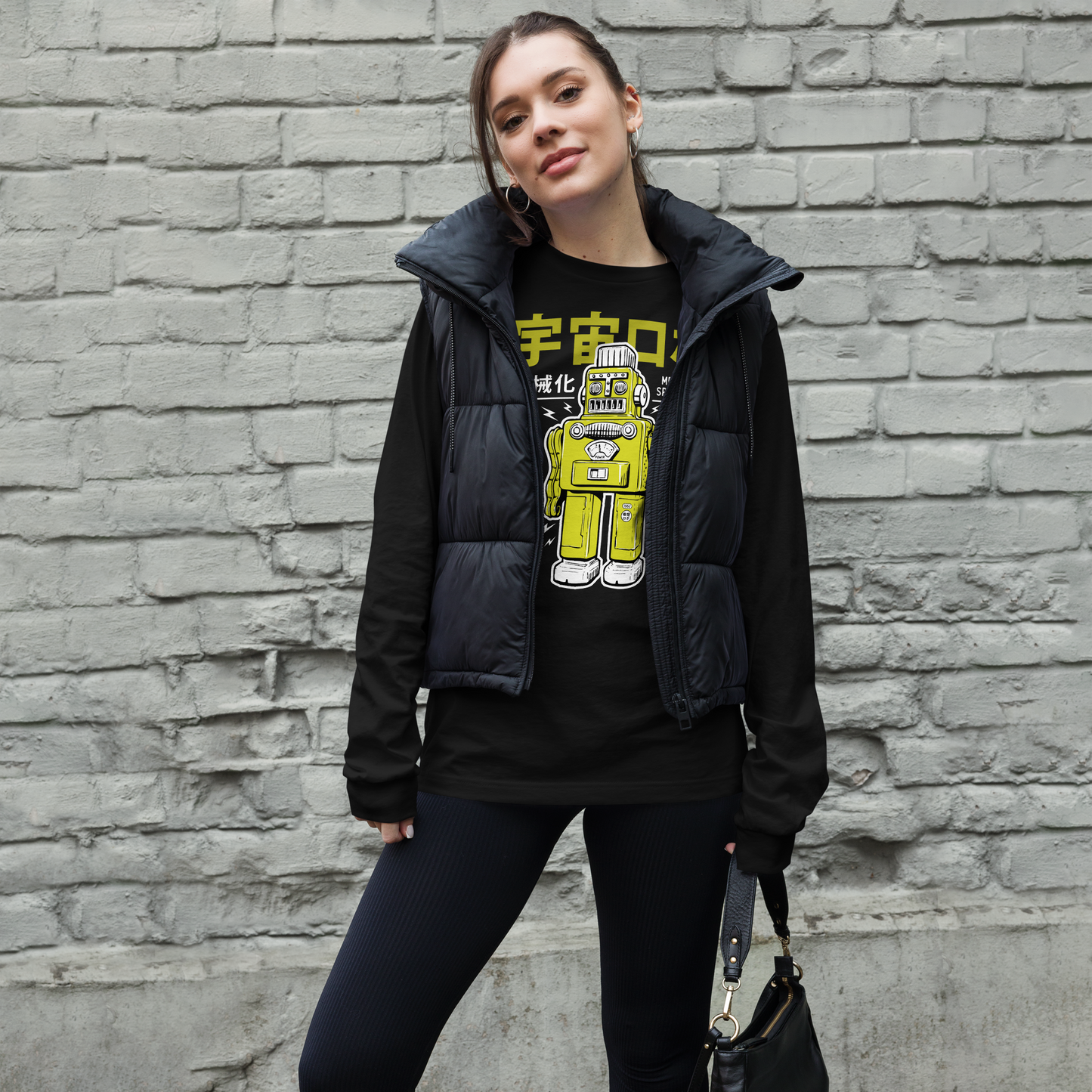 Smoking robot - Lime on black long sleeve tee - Firebone