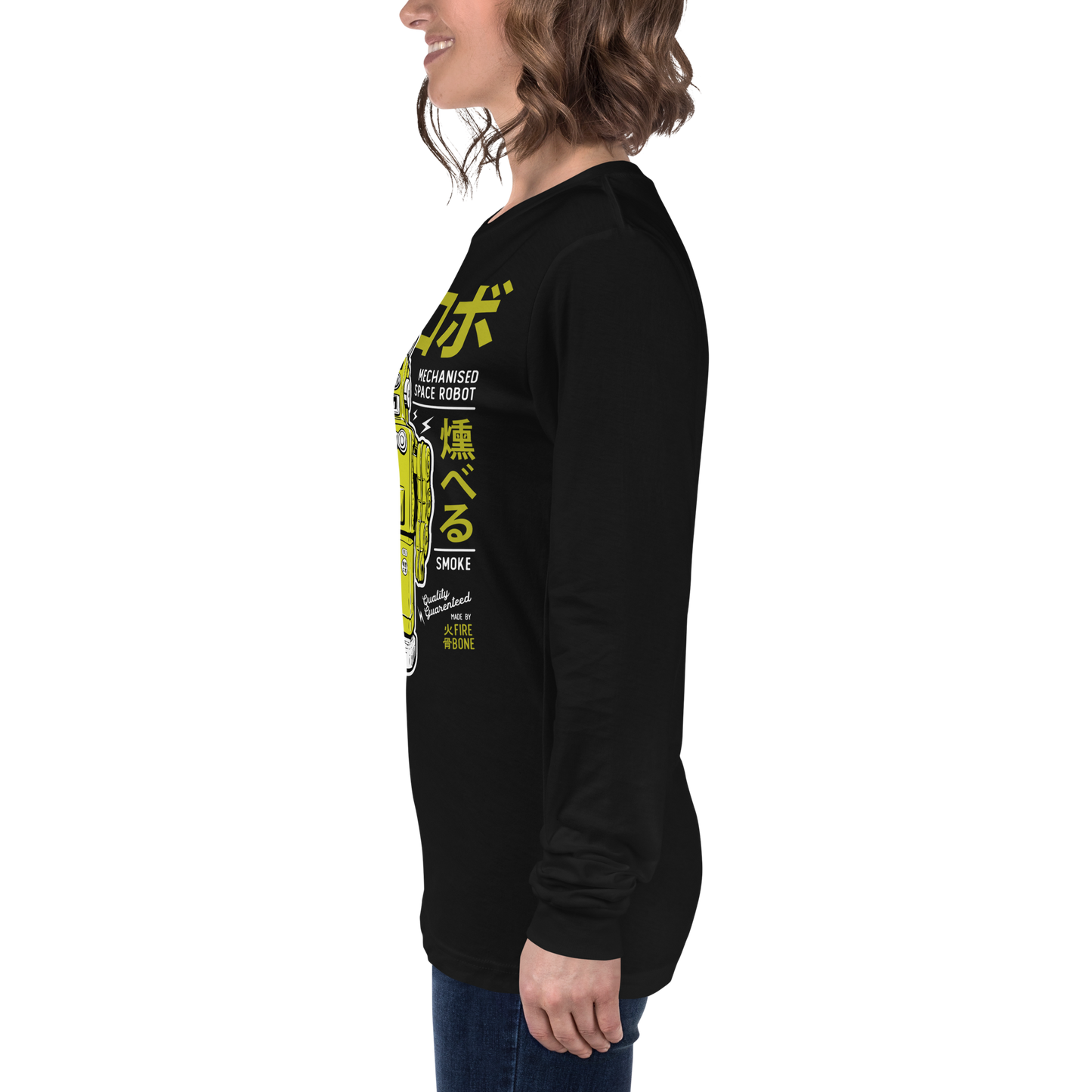 Smoking robot - Lime on black long sleeve tee - Firebone