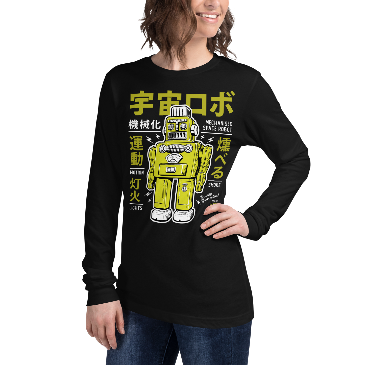 Smoking robot - Lime on black long sleeve tee - Firebone