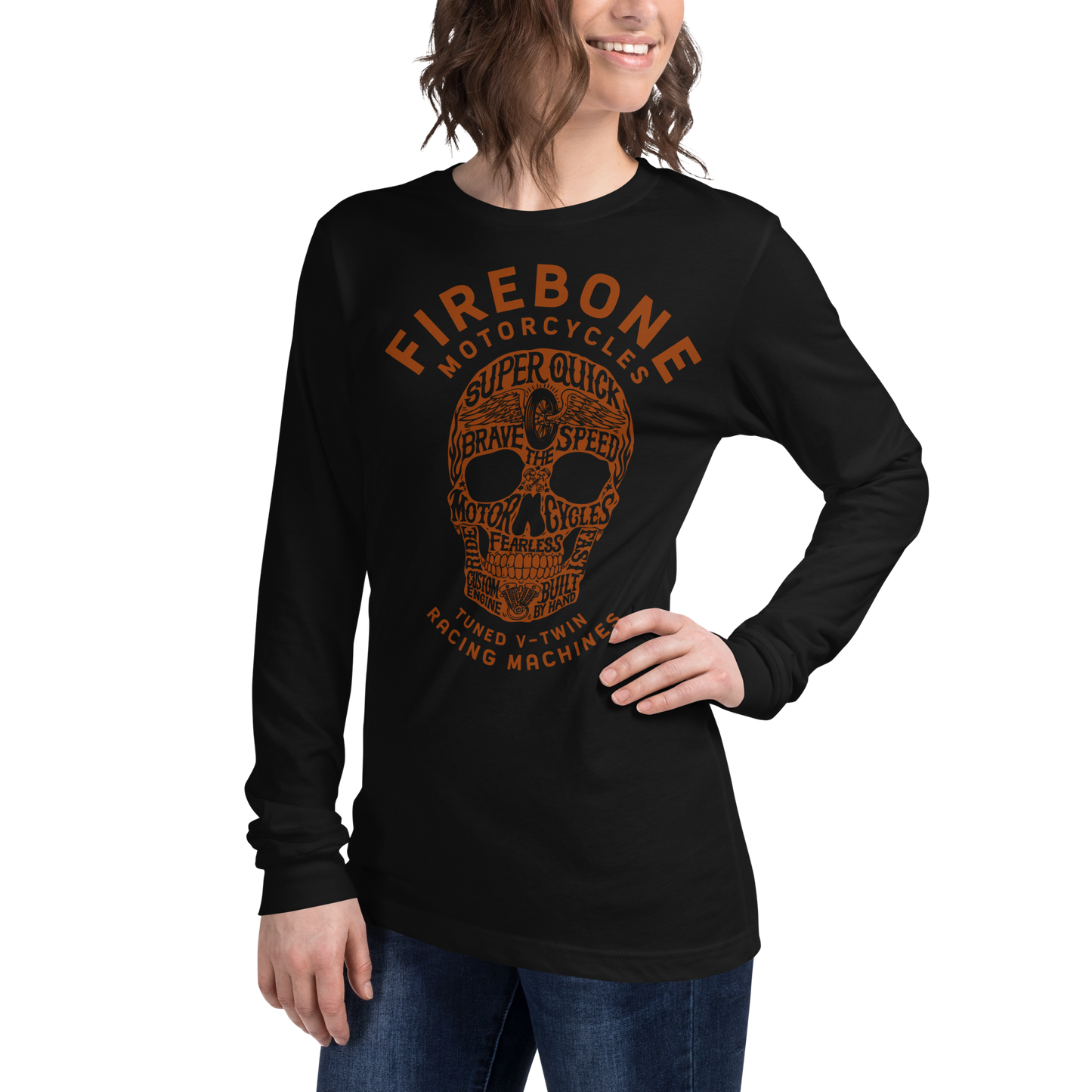 Super quick skull - Orange on dark long sleeve tee - Firebone