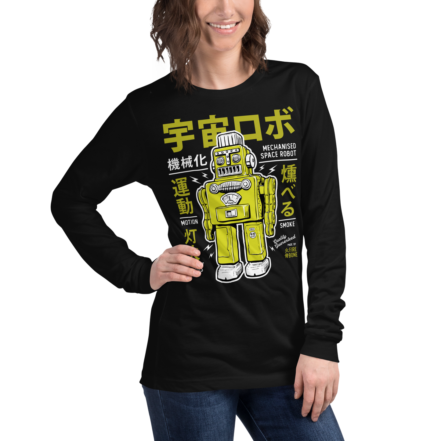 Smoking robot - Lime on black long sleeve tee - Firebone