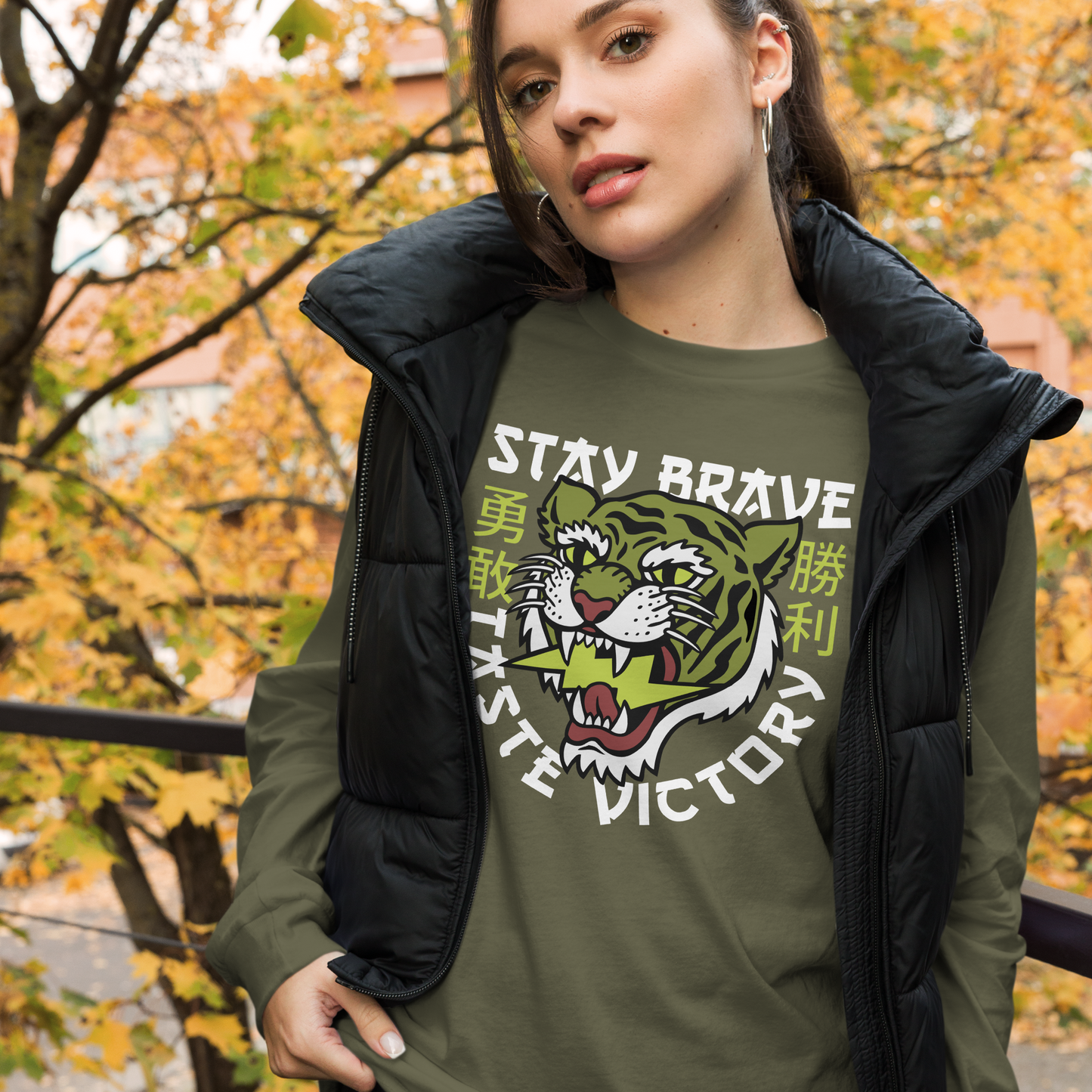 Stay brave tiger - Military green long sleeve tee - Firebone