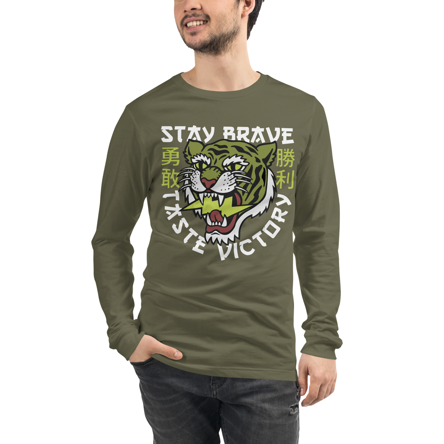 Stay Brave Tiger - Army green long sleeve t-shirt - Firebone