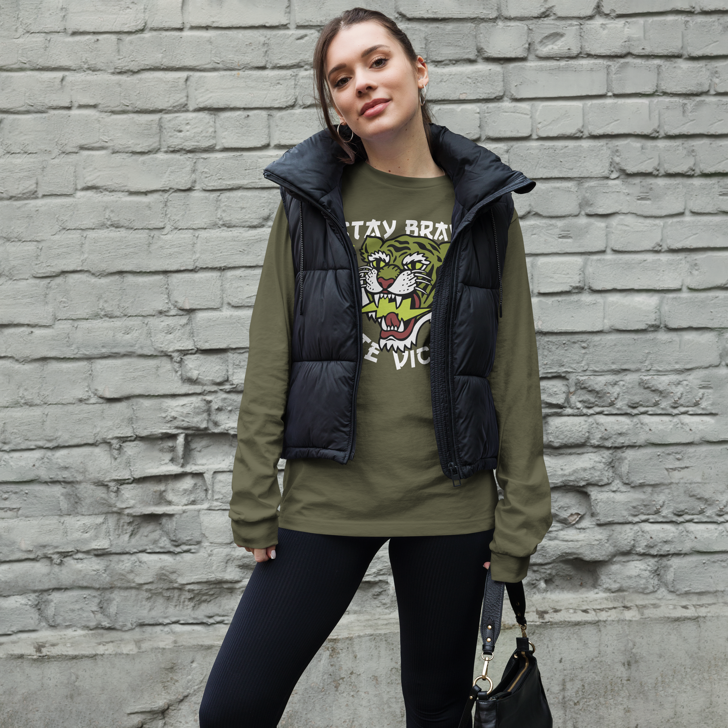 Stay brave tiger - Military green long sleeve tee - Firebone