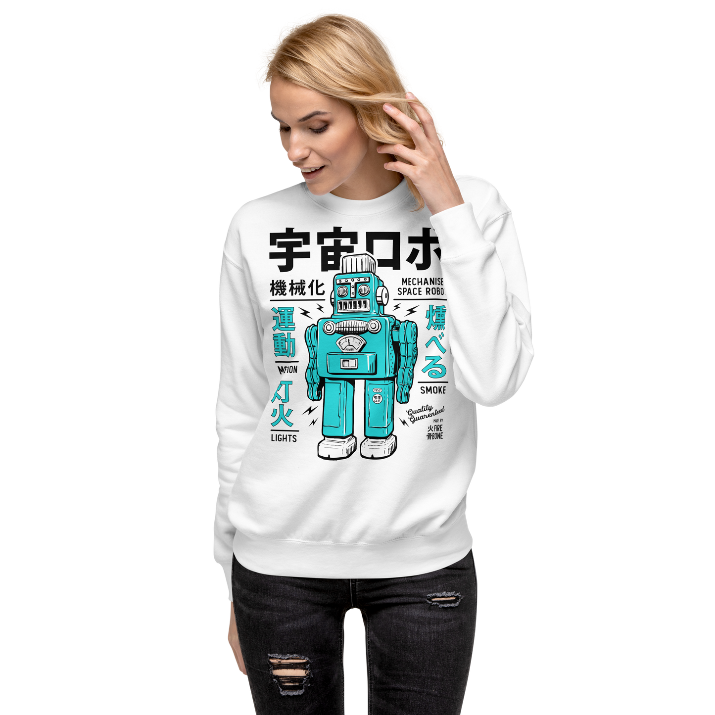 Smoking robot - Teal on white premium sweatshirt - Firebone