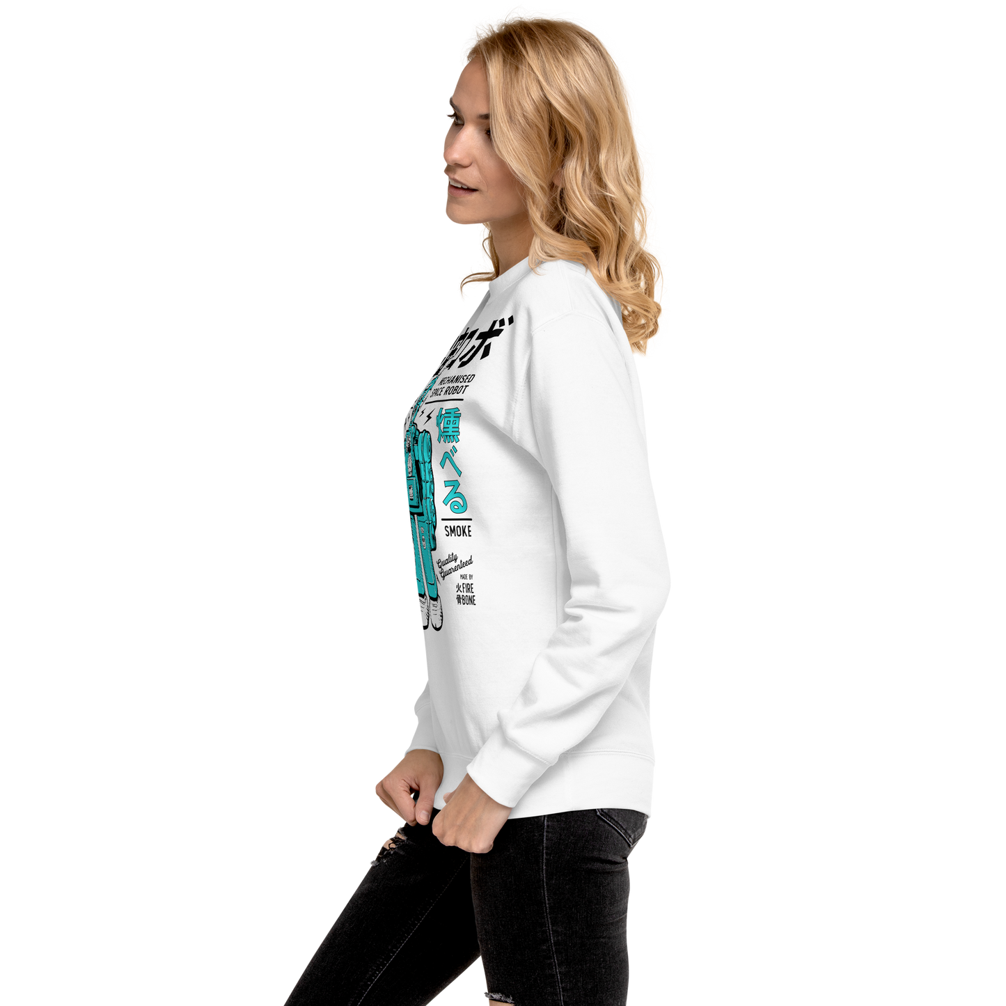 Smoking robot - Teal on white premium sweatshirt - Firebone