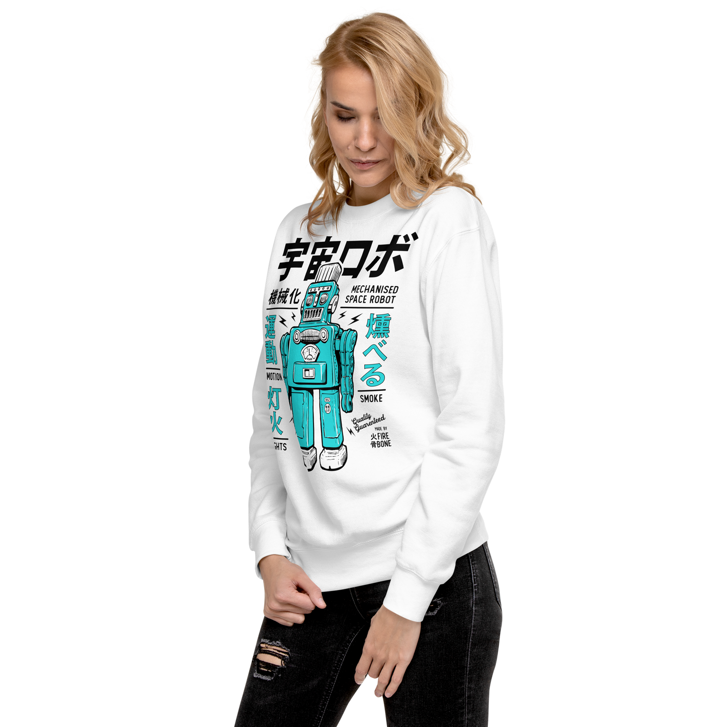 Smoking robot - Teal on white premium sweatshirt - Firebone