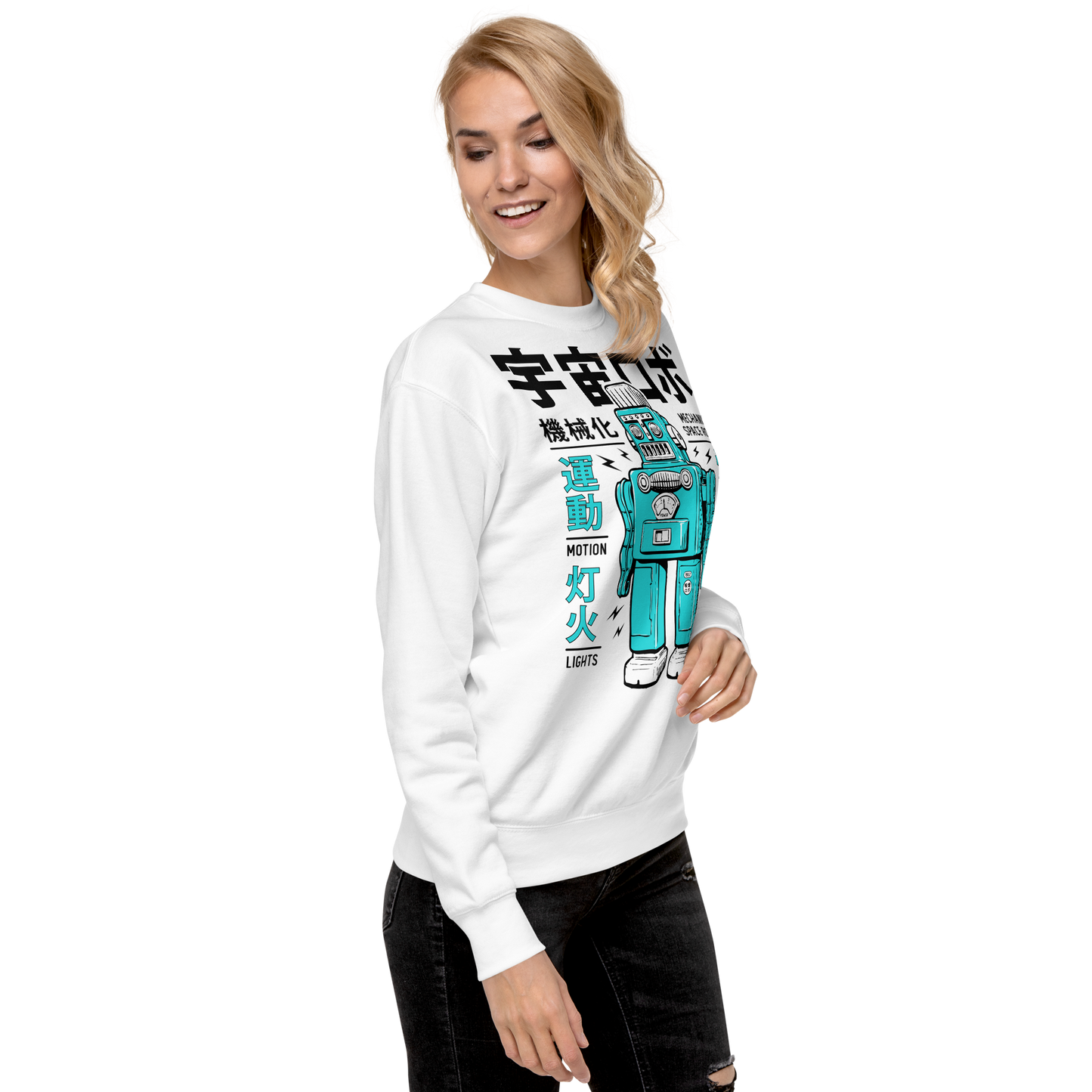 Smoking robot - Teal on white premium sweatshirt - Firebone