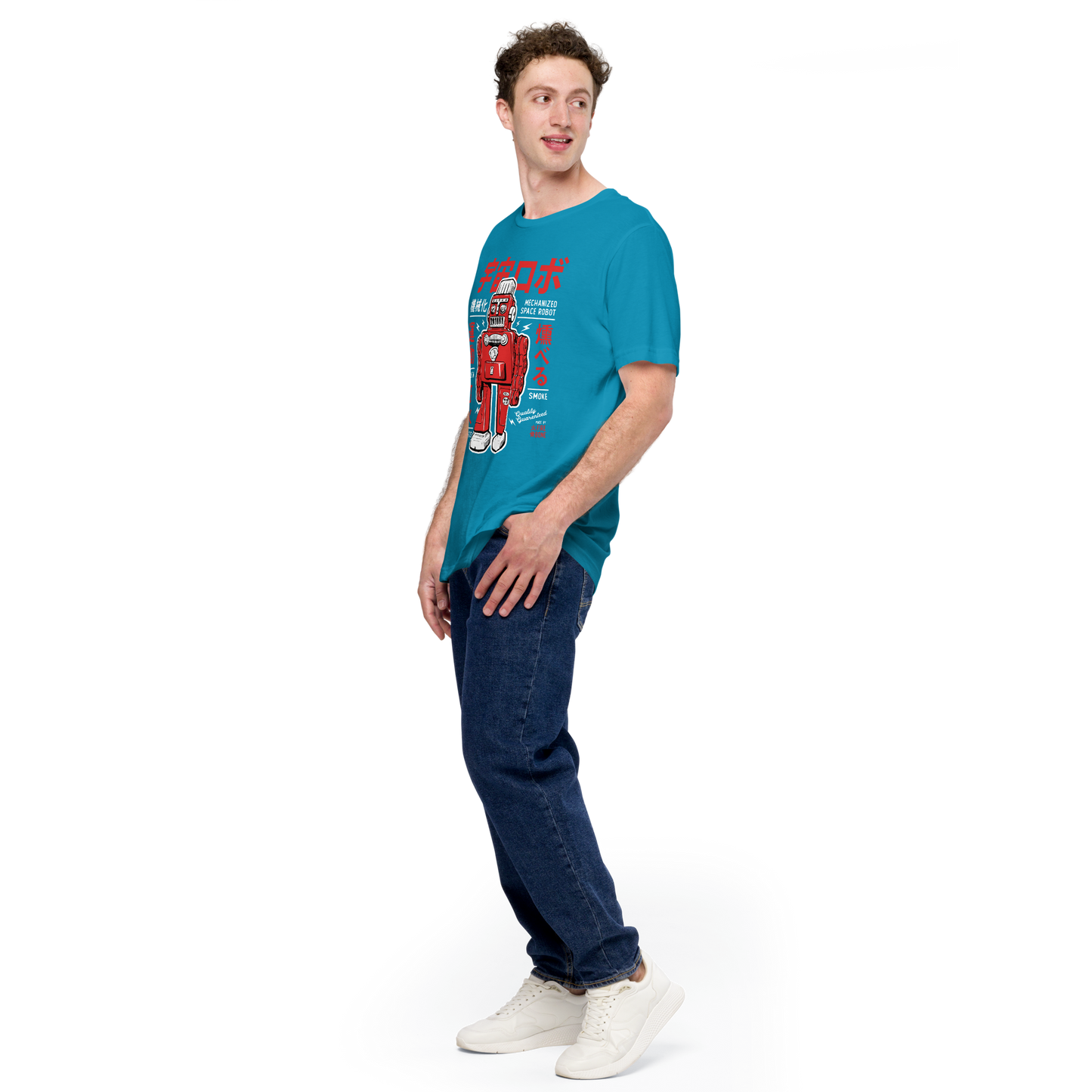 Smoking Robot - Red on aqua blue t-shirt - Firebone