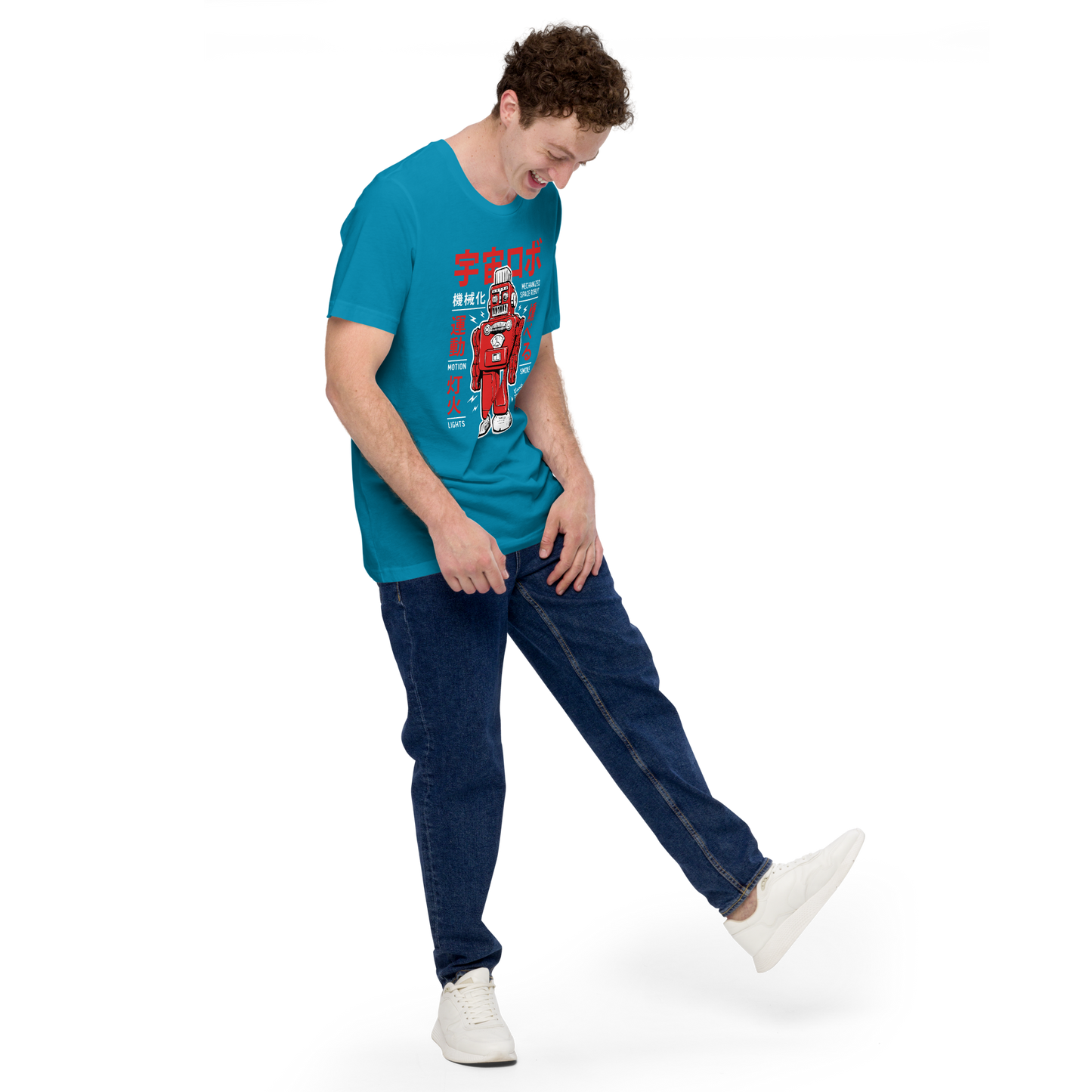 Smoking Robot - Red on aqua blue t-shirt - Firebone