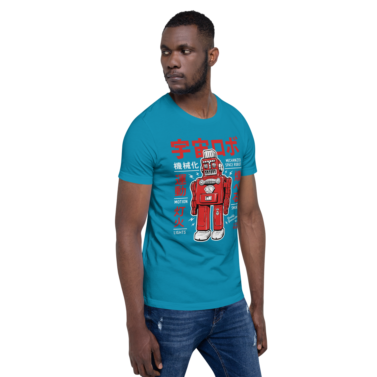 Smoking Robot - Red on aqua blue t-shirt - Firebone