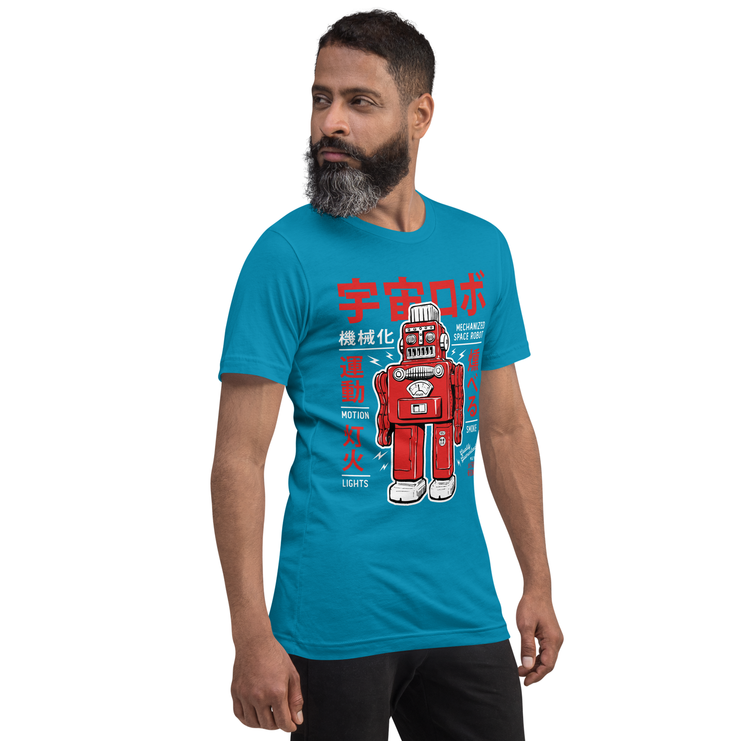 Smoking Robot - Red on aqua blue t-shirt - Firebone