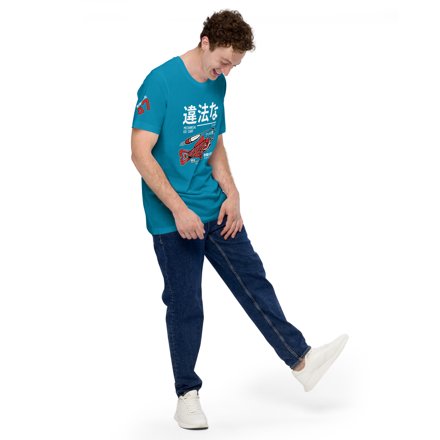 Tin Koi - Red on aqua blue t-shirt - Firebone