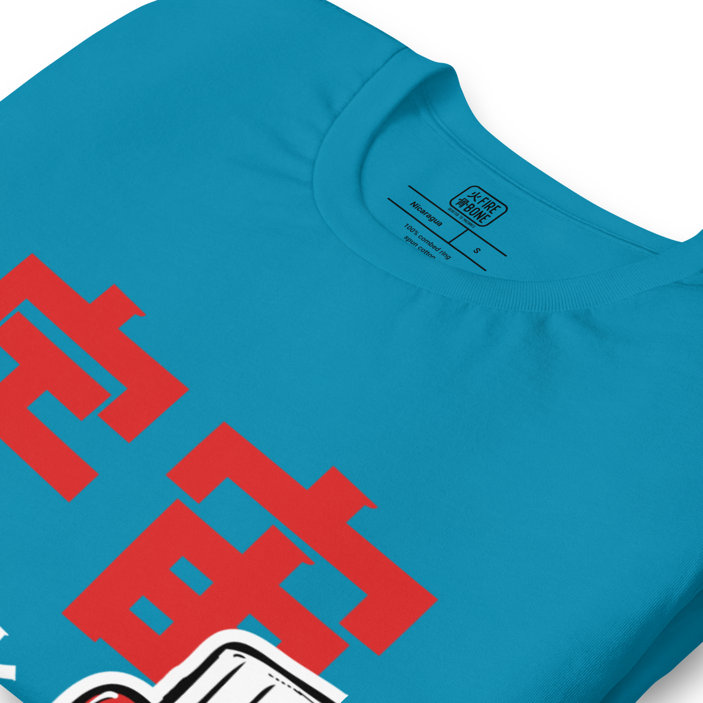 Smoking Robot - Red on aqua blue t-shirt - Firebone