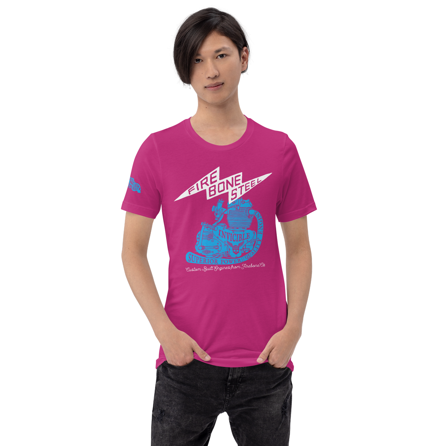 Firebone Steel - Blue on hot pink t-shirt - Firebone