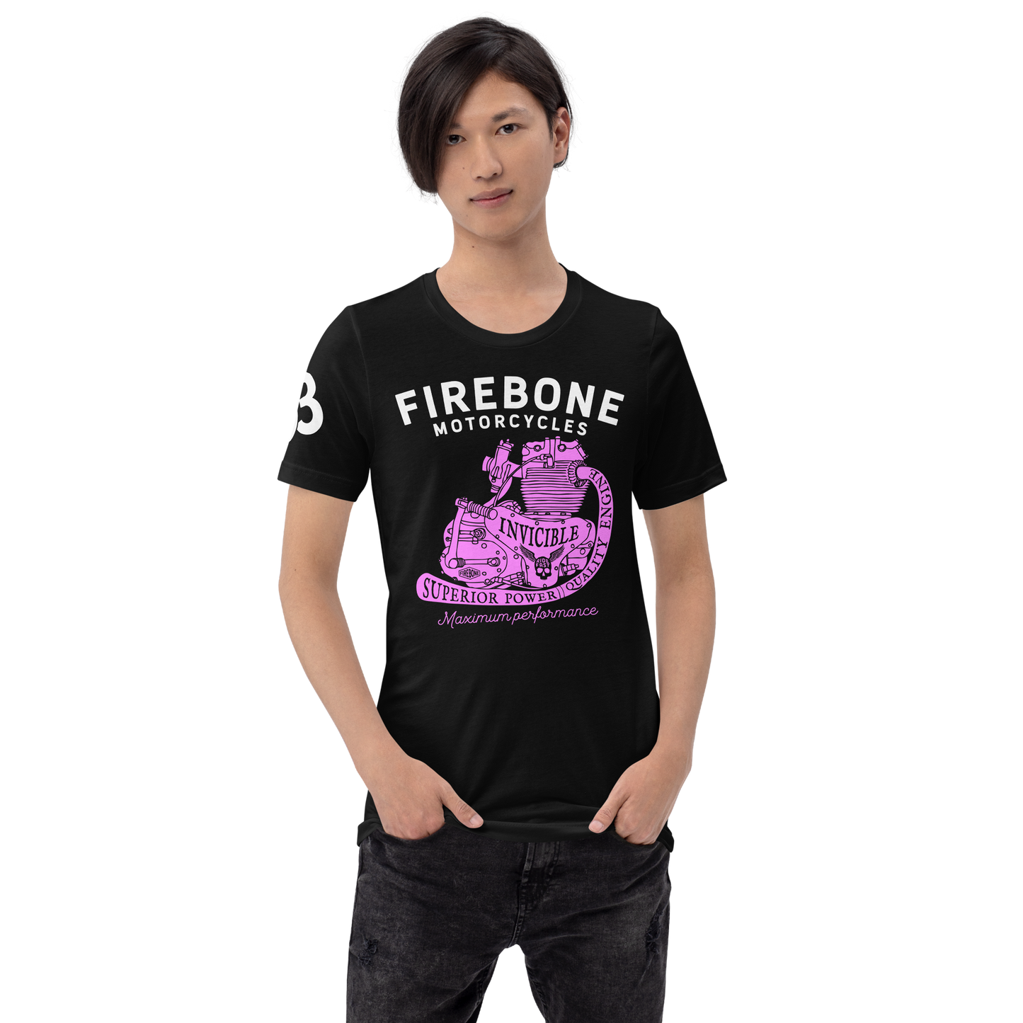 Invincible Engine - Pink on black t-shirt - Firebone