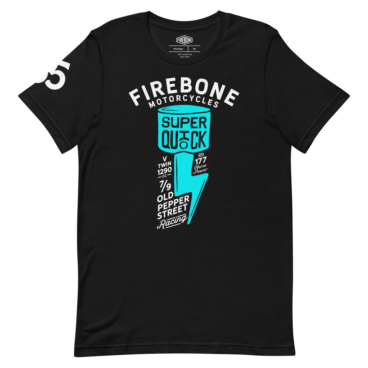 Super Quick Piston - Blue green on black t-shirt - Firebone