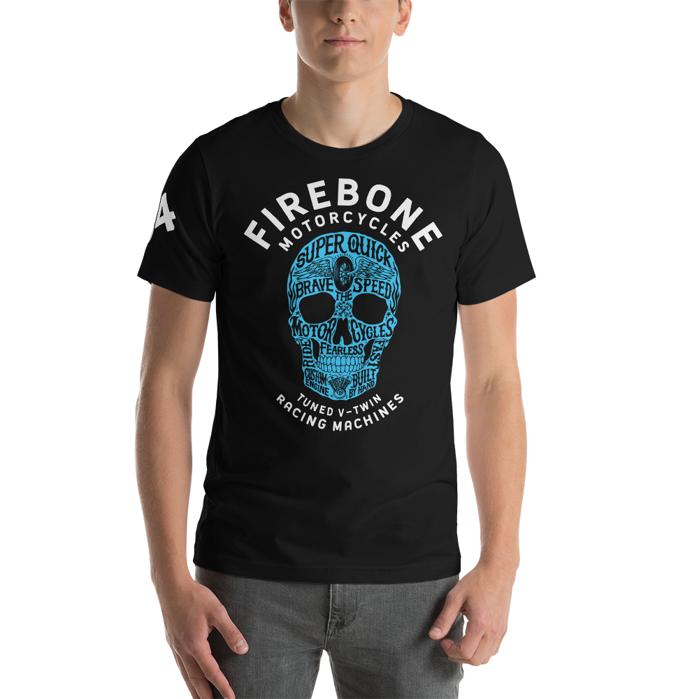 Super Quick Skull - Blue on black t-shirt - Firebone