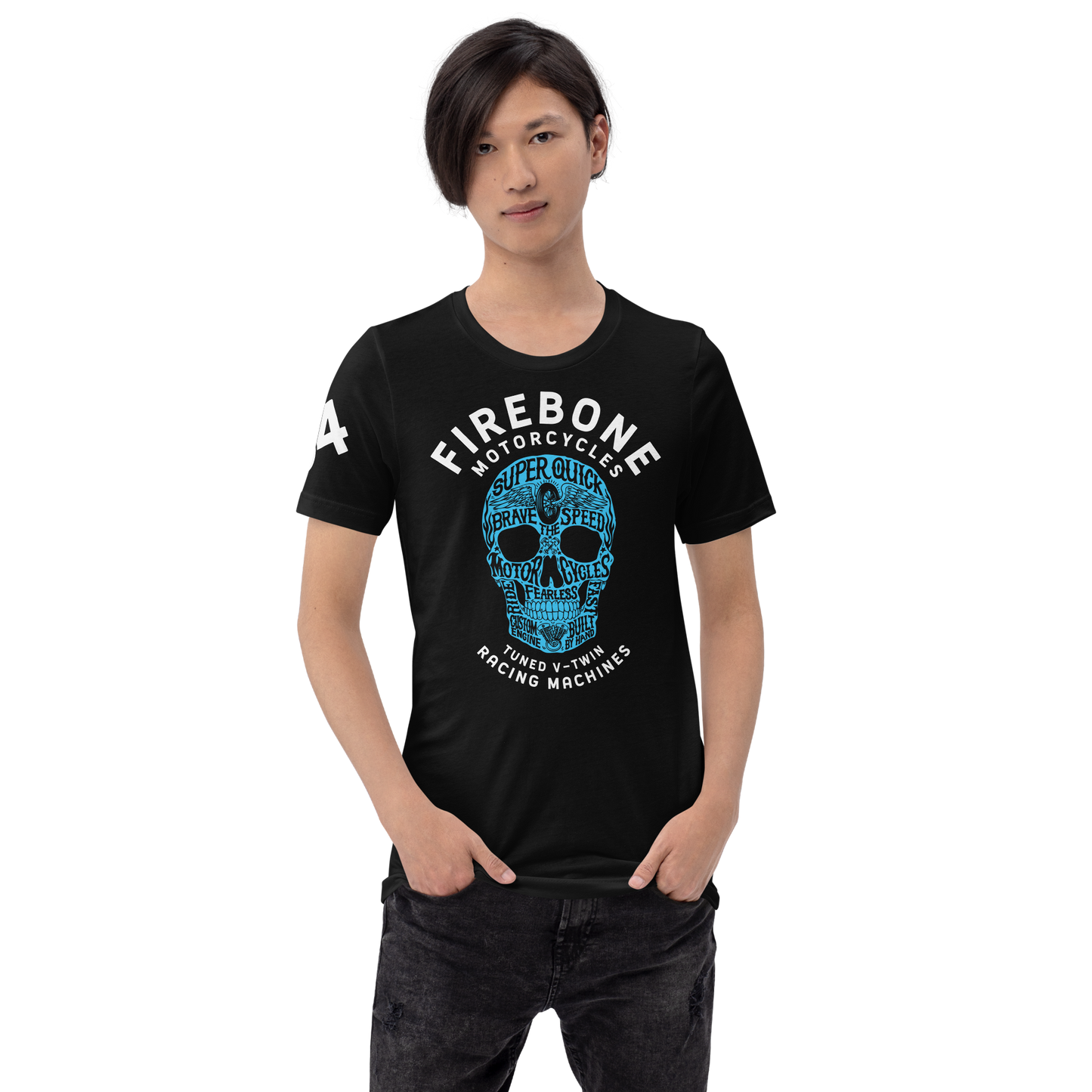 Super Quick Skull - Blue on black t-shirt - Firebone
