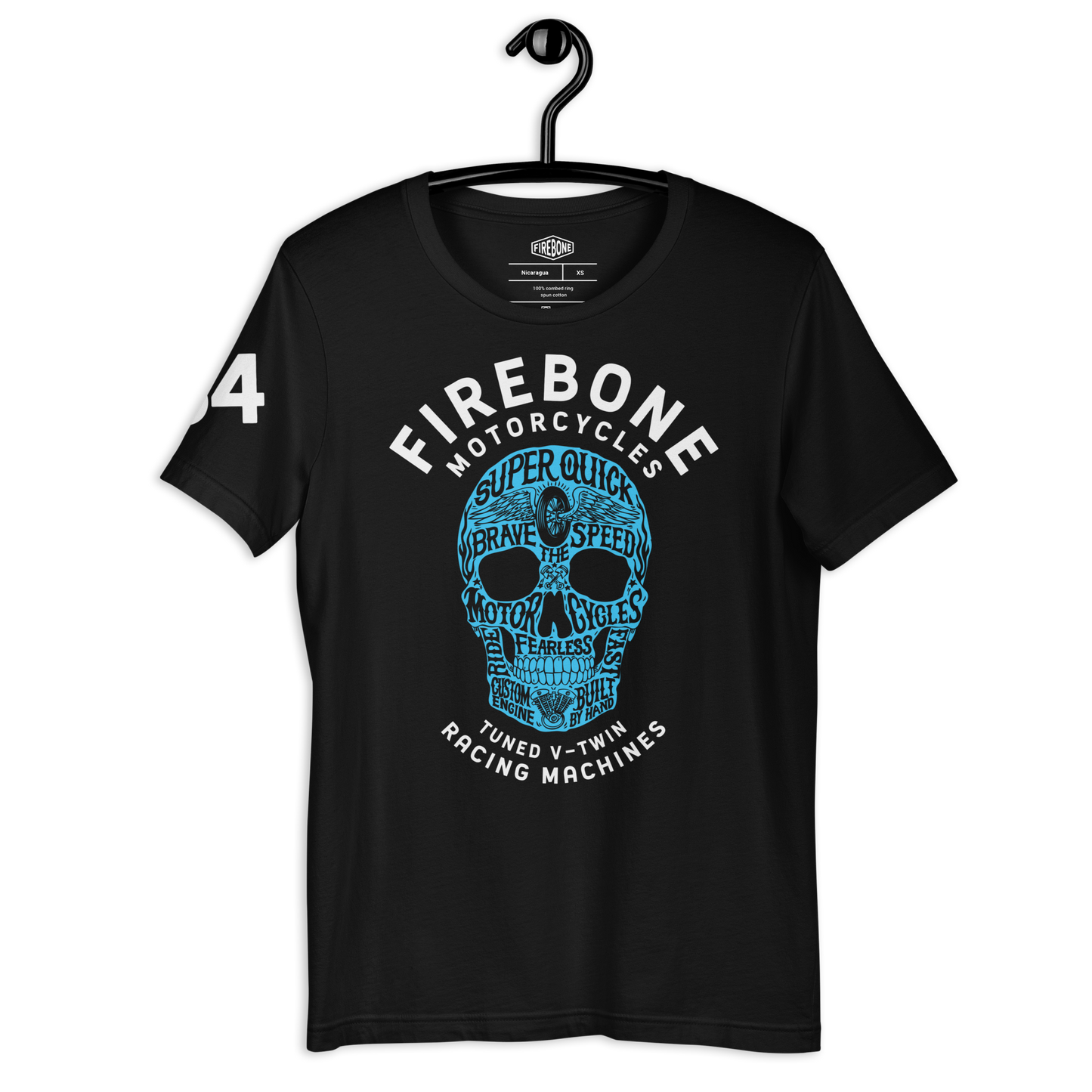 Super Quick Skull - Blue on black t-shirt - Firebone