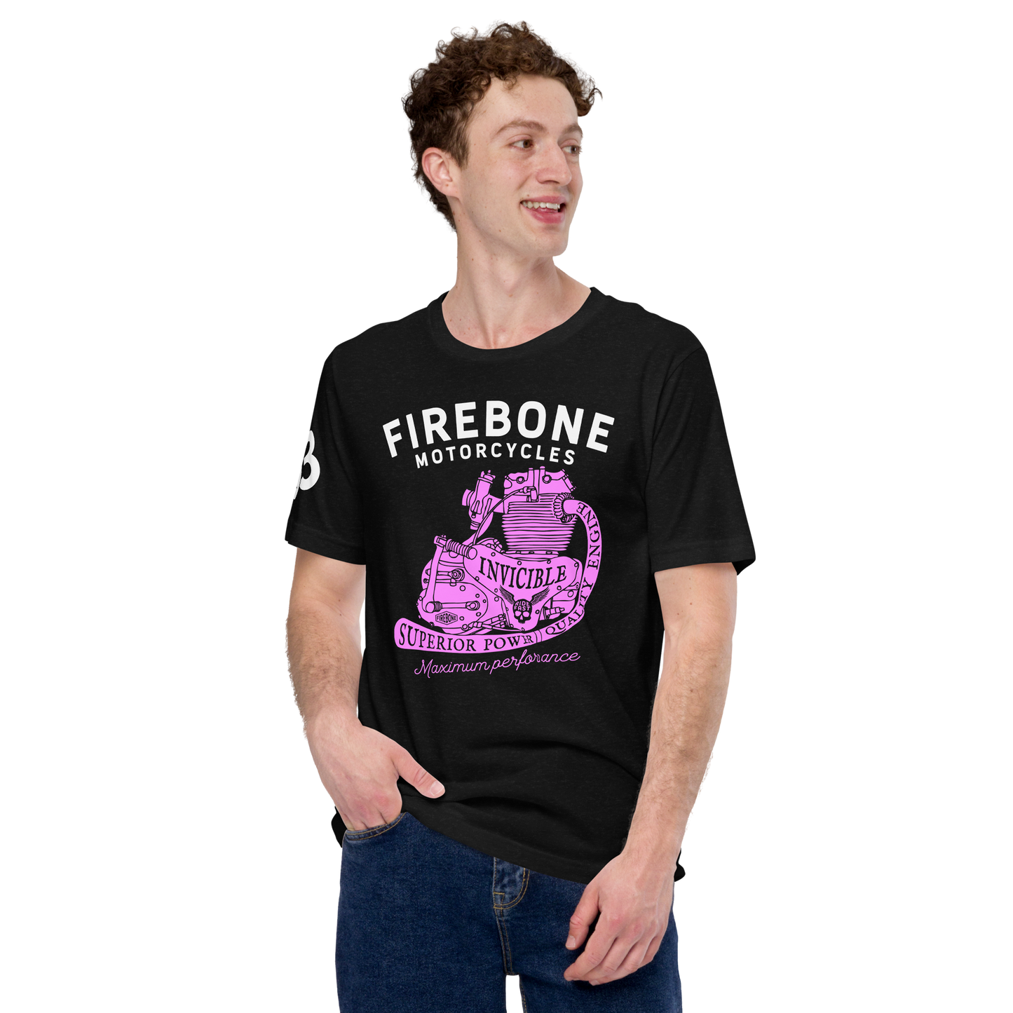 Invincible Engine - Pink on black t-shirt - Firebone