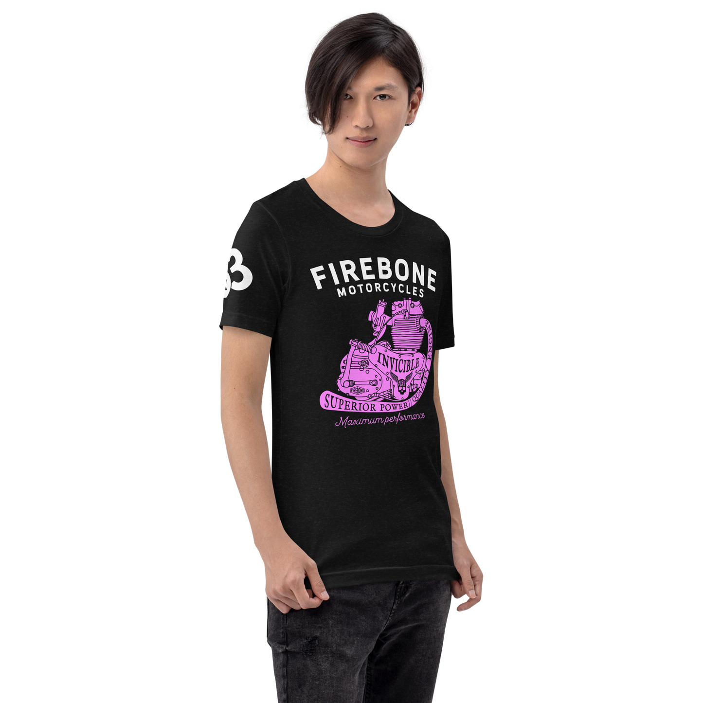 Invincible Engine - Pink on black t-shirt - Firebone