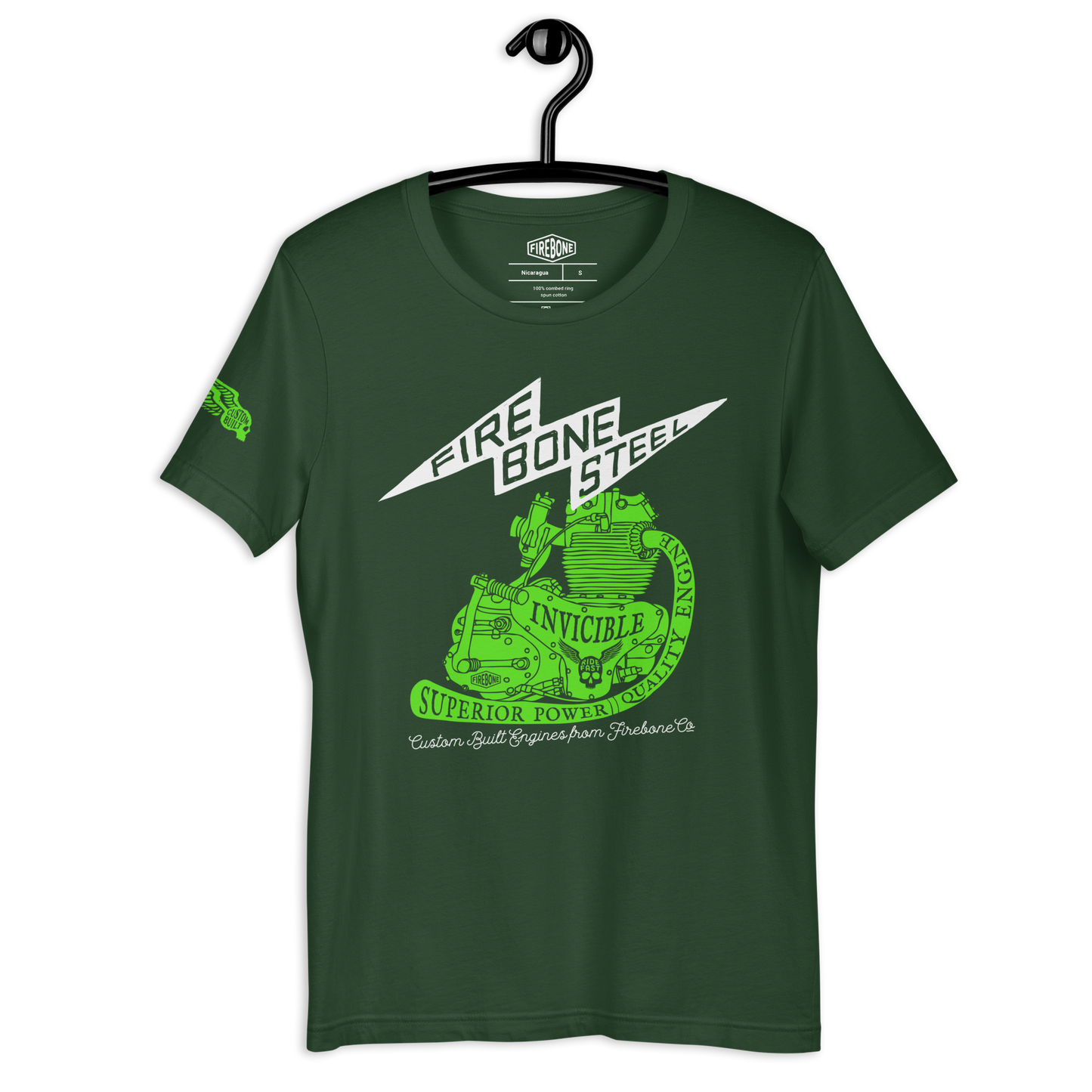Firebone Steel - Green on forest green t-shirt - Firebone