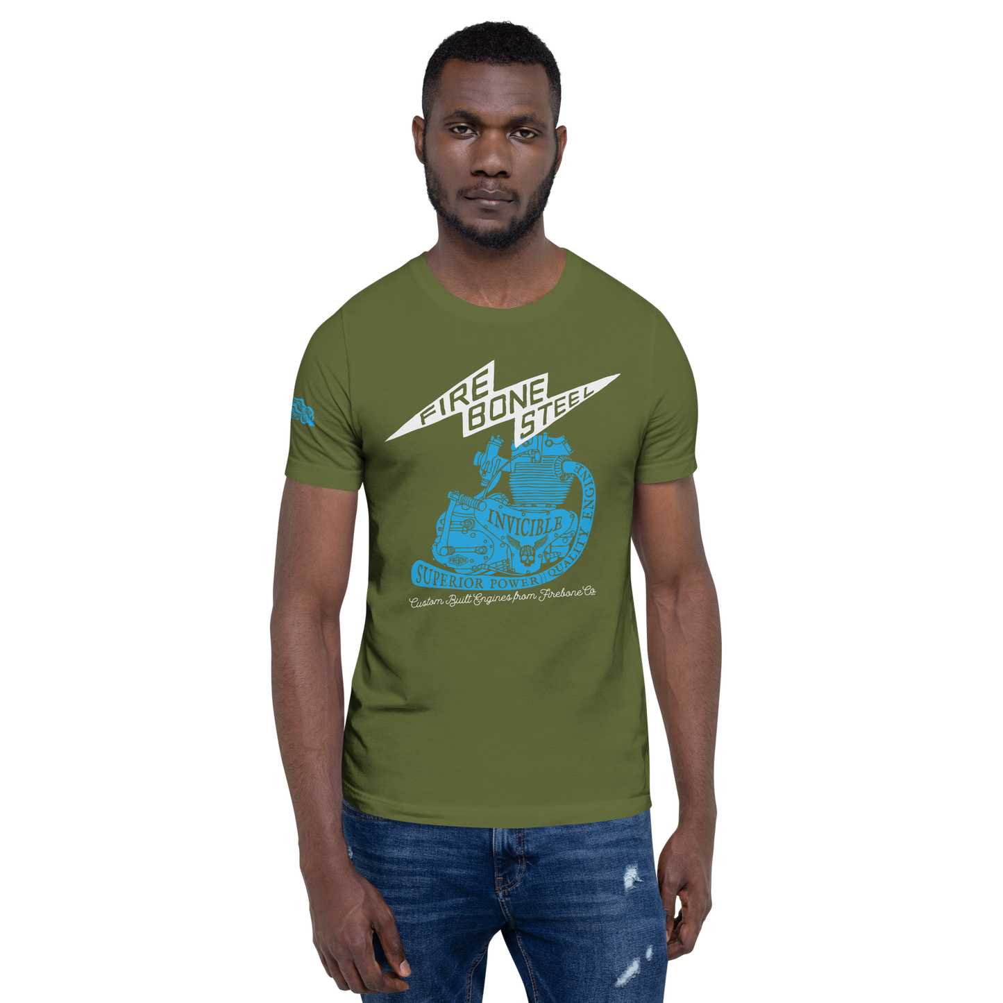 Firebone Steel - Blue on olive green t-shirt - Firebone