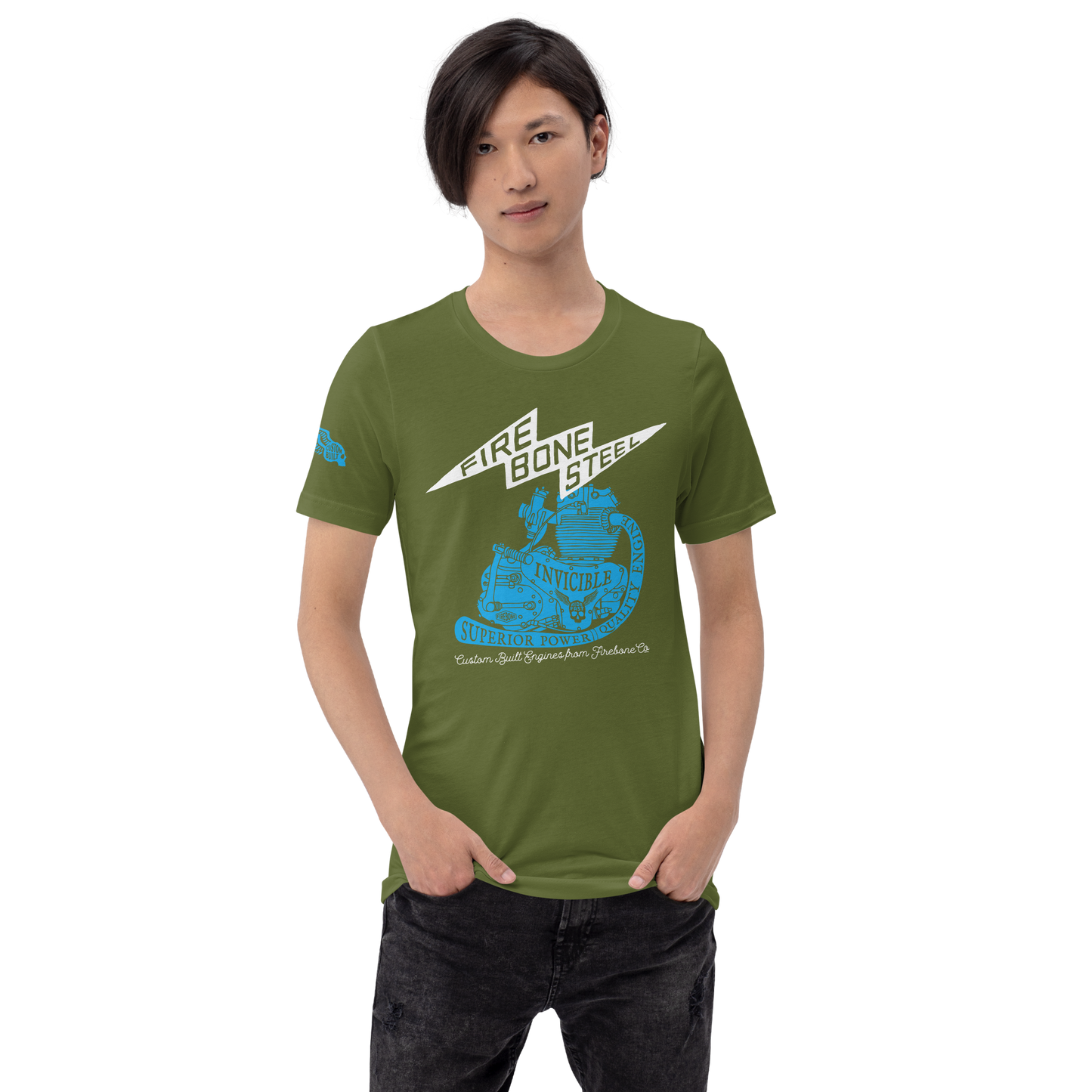 Firebone Steel - Blue on olive green t-shirt - Firebone