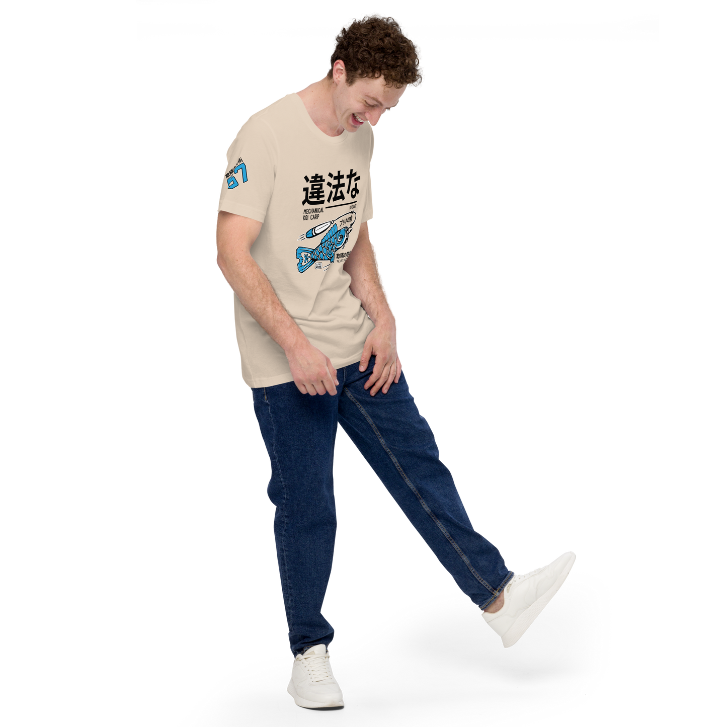 Tin Koi - Blue on soft cream t-shirt - Firebone