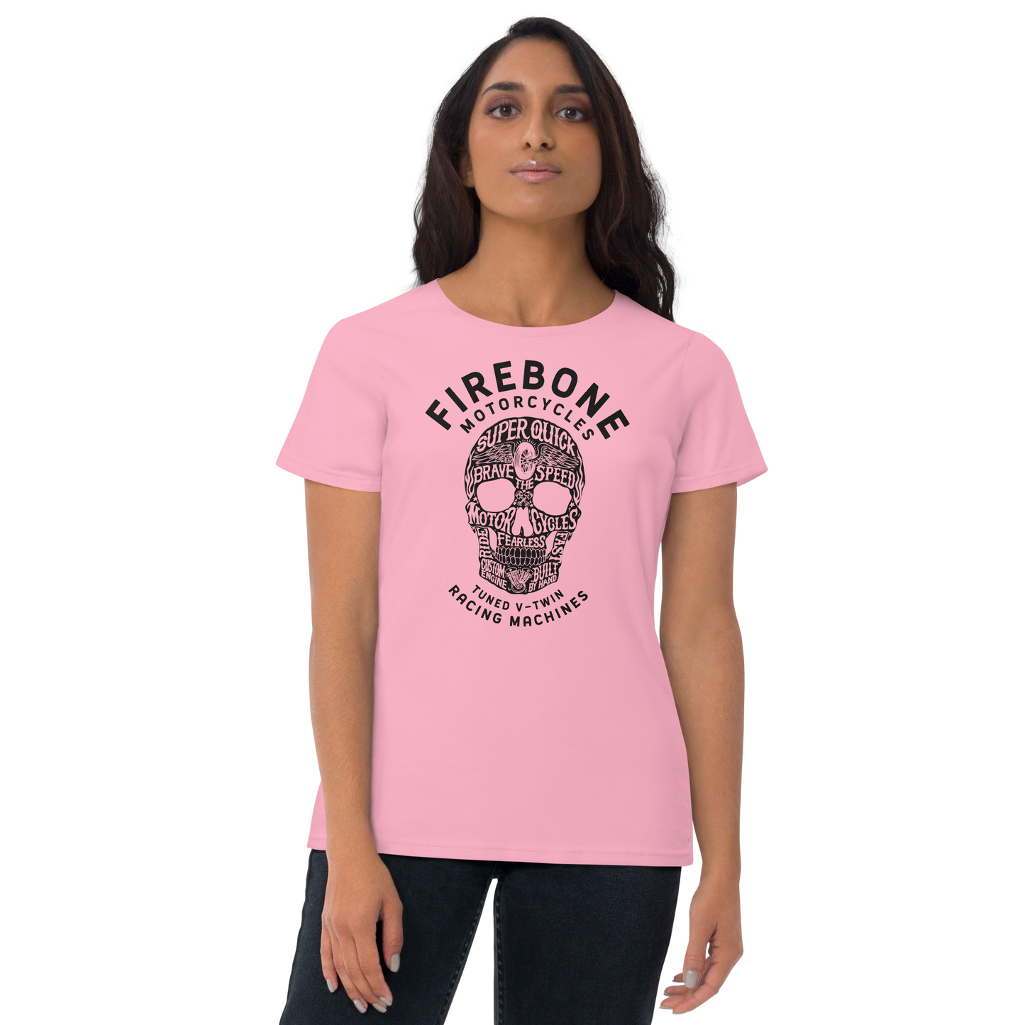 Super quick skull - Black on pink short sleeve t-shirt - Firebone