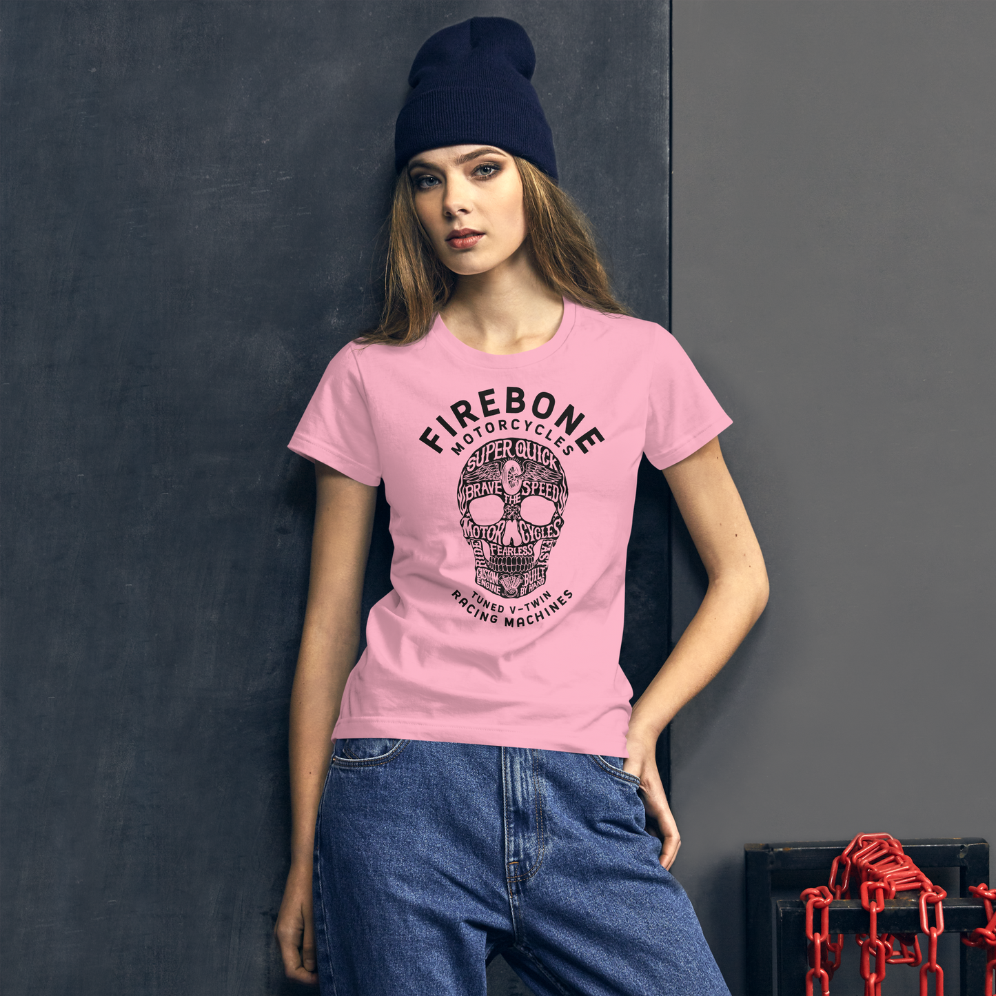Super quick skull - Black on pink short sleeve t-shirt - Firebone