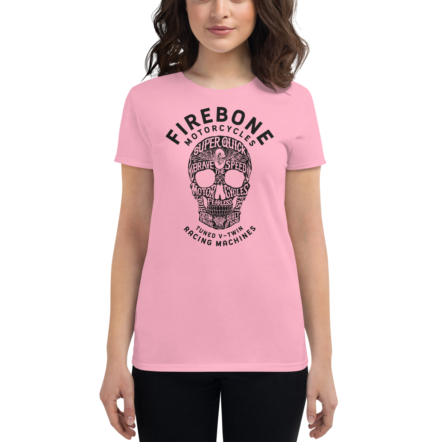 Super quick skull - Black on pink short sleeve t-shirt - Firebone