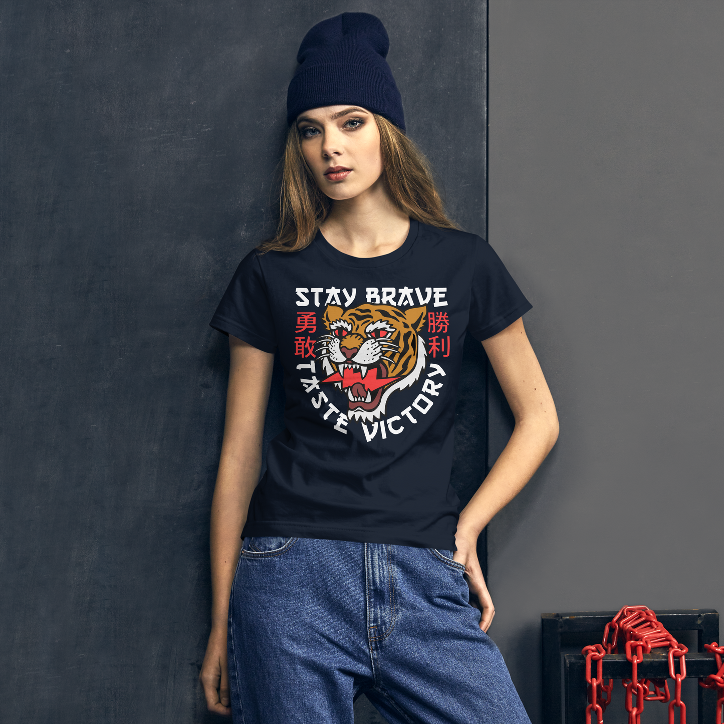 Stay brave - Orange on navy short sleeve t-shirt - Firebone