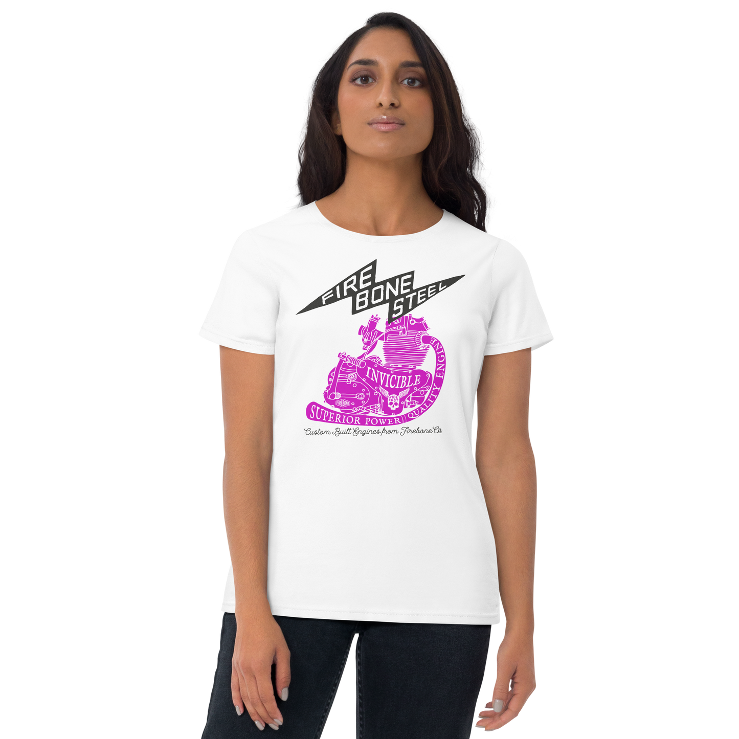 Firebone steel - Hot pink on white short sleeve t-shirt - Firebone