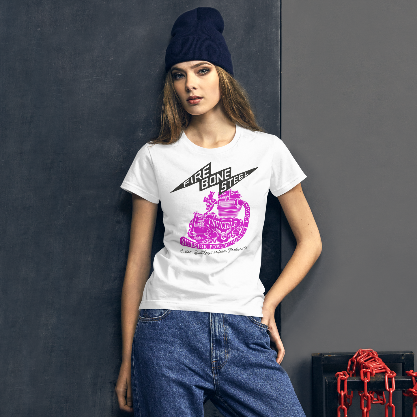 Firebone steel - Hot pink on white short sleeve t-shirt - Firebone