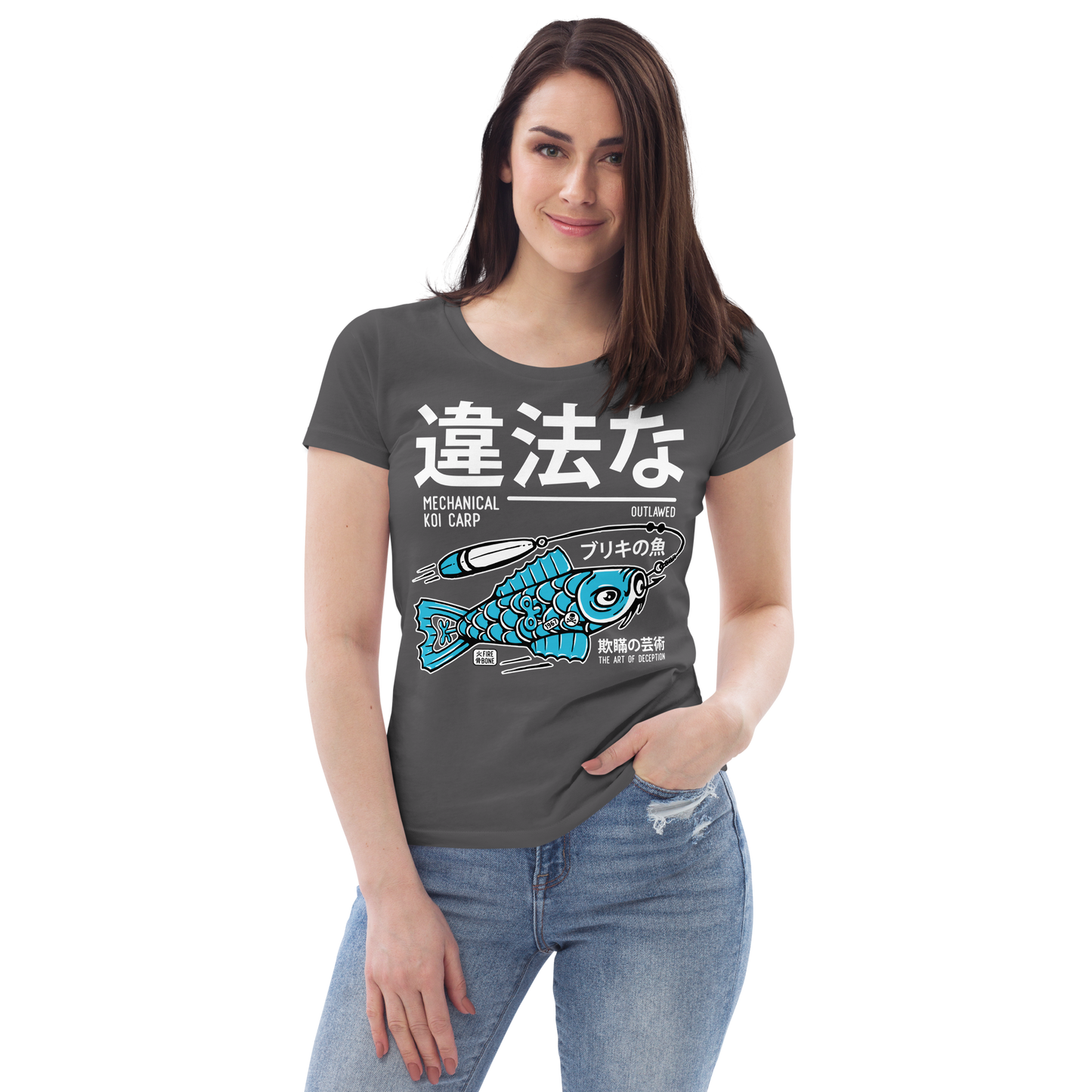 Tin koi decoy - Blue on grey fitted eco tee - Firebone