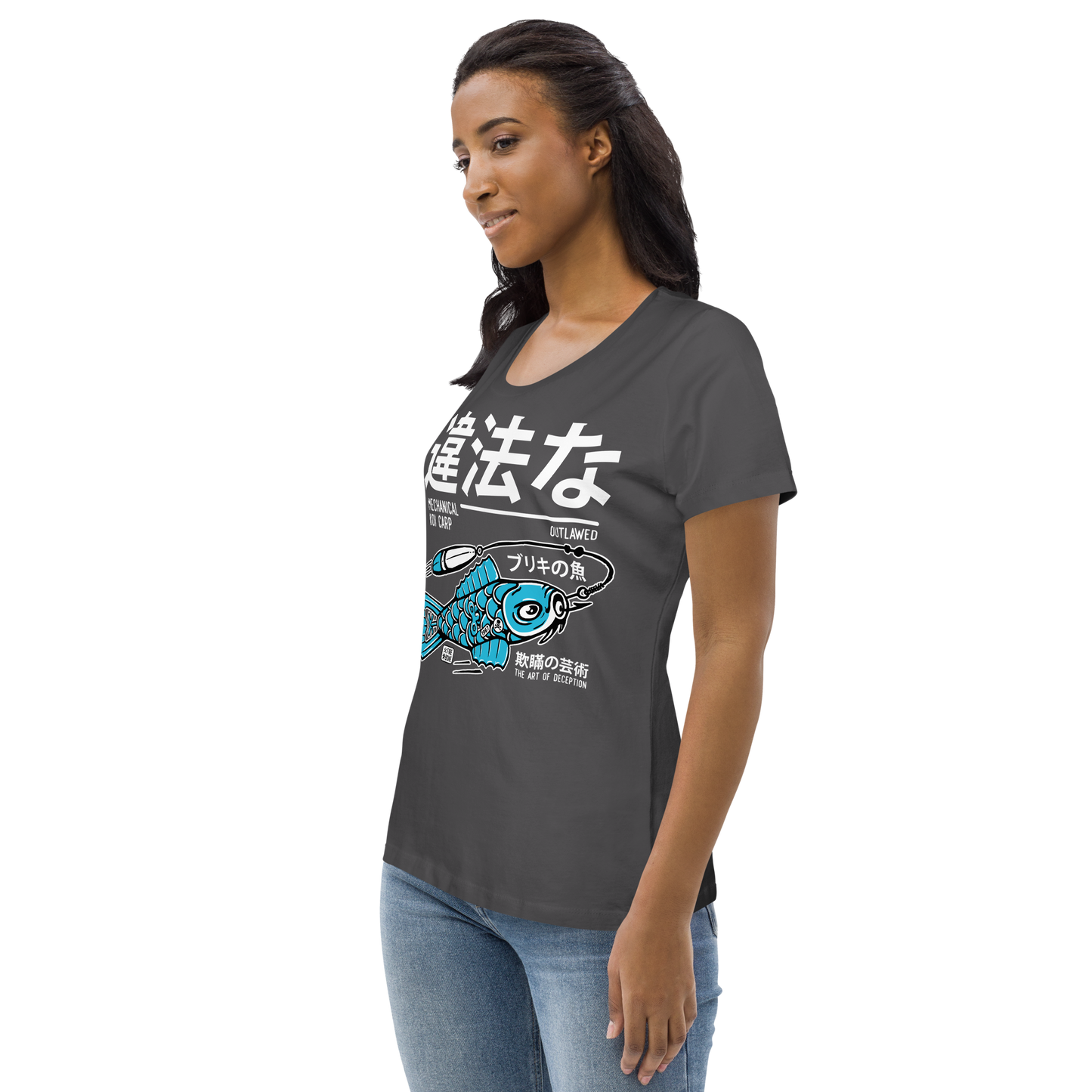 Tin koi decoy - Blue on grey fitted eco tee - Firebone