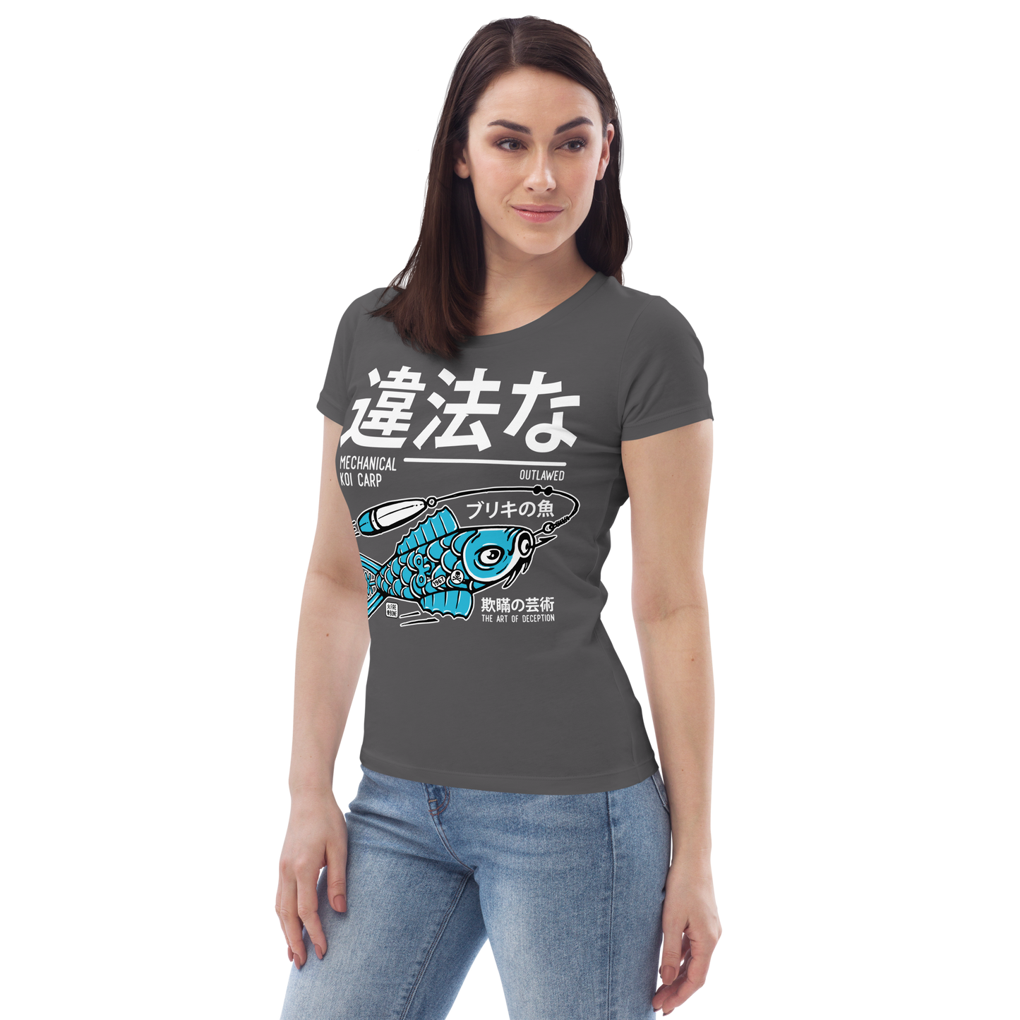 Tin koi decoy - Blue on grey fitted eco tee - Firebone