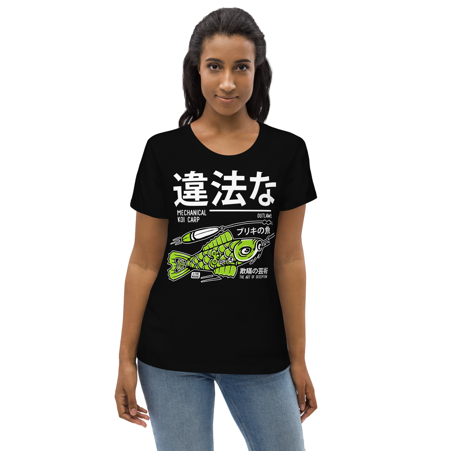 Tin koi decoy - Green on black fitted eco tee - Firebone