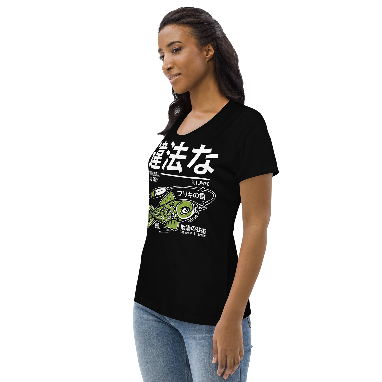 Tin koi decoy - Green on black with back back art fitted eco tee - Firebone