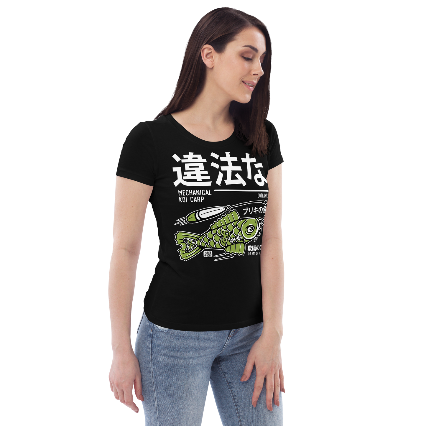 Tin koi decoy - Green on black with back back art fitted eco tee - Firebone