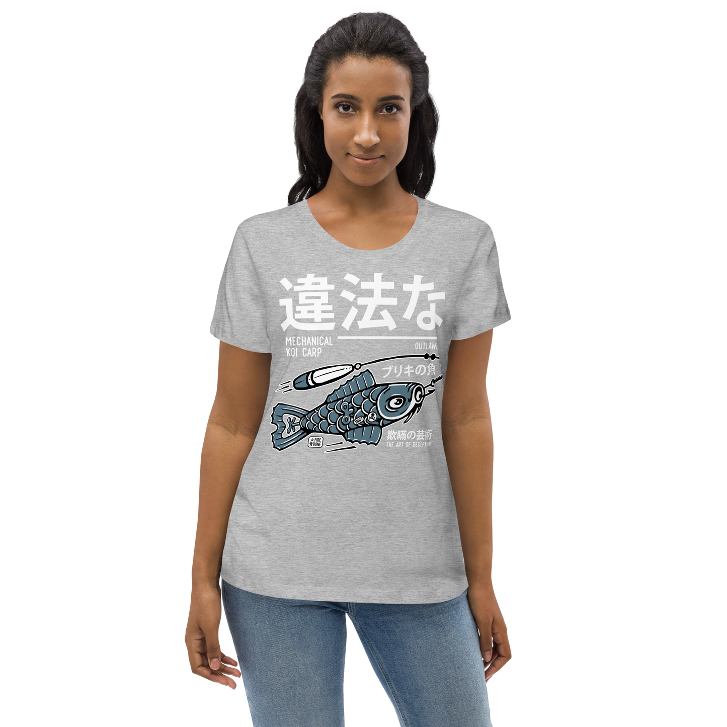 Tin koi decoy - Blue on light grey fitted eco tee - Firebone