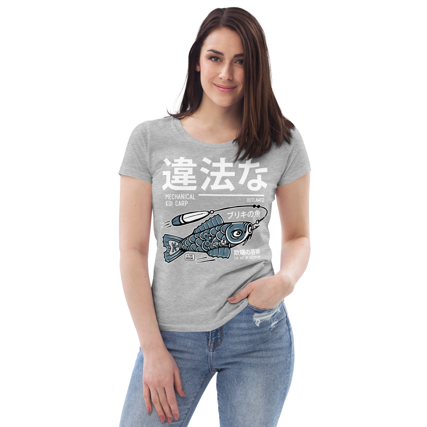 Tin koi decoy - Blue on light grey fitted eco tee - Firebone