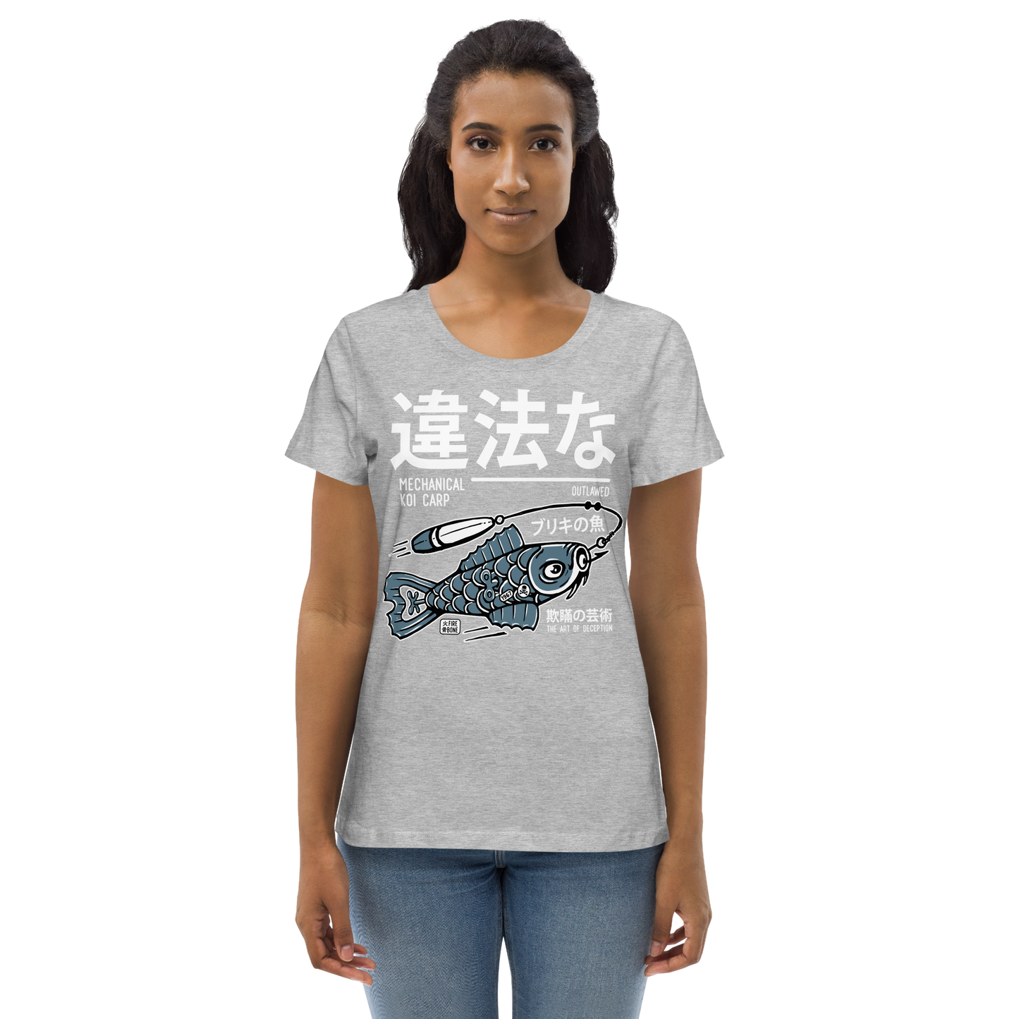 Tin koi decoy - Blue on light grey fitted eco tee - Firebone