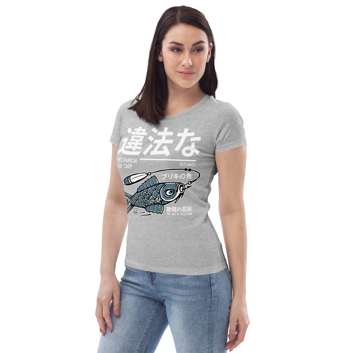 Tin koi decoy - Blue on light grey fitted eco tee - Firebone