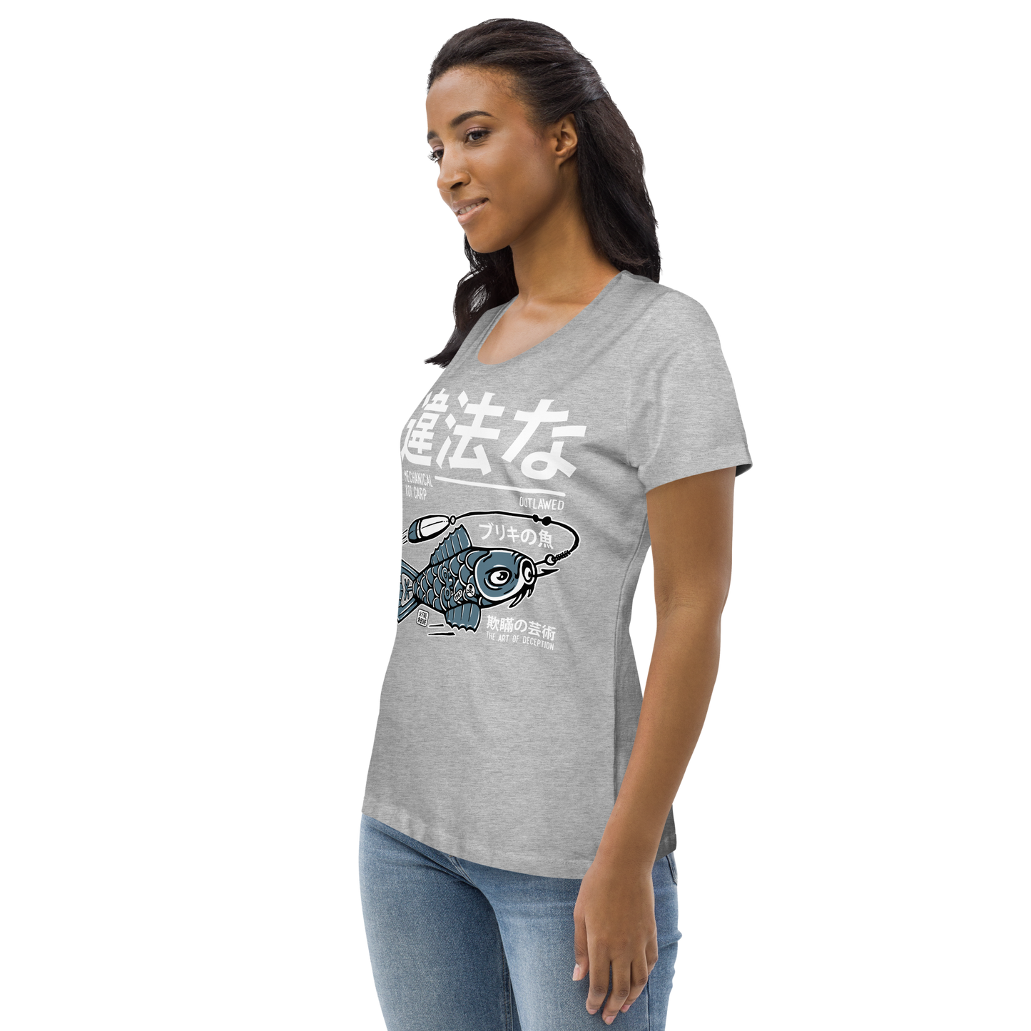 Tin koi decoy - Blue on light grey fitted eco tee - Firebone