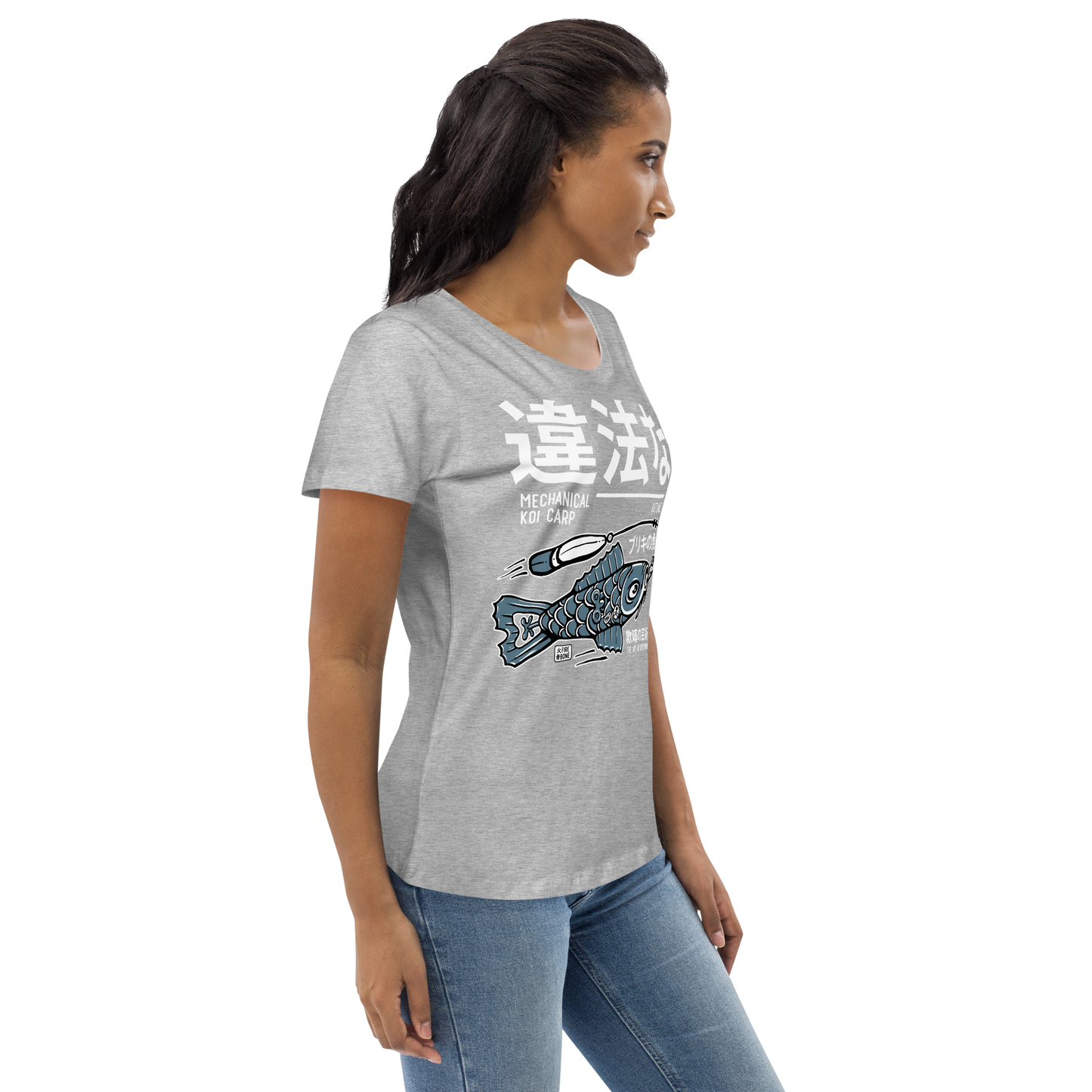Tin koi decoy - Blue on light grey fitted eco tee - Firebone